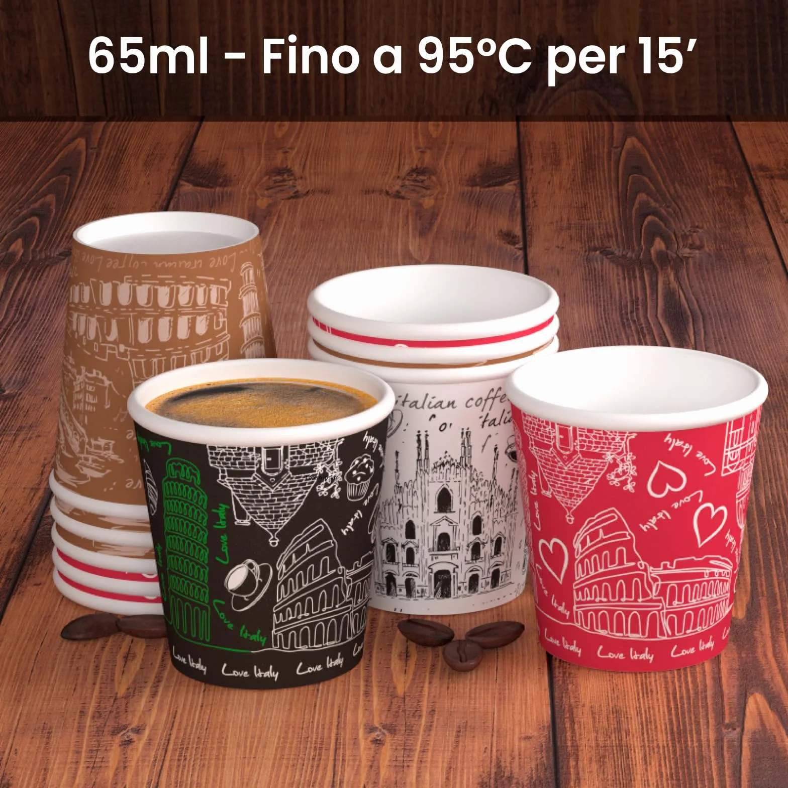 1000 kubki papierowe do kawy 65ml MIX Italy Ekologiczne kubki biodegradacyjne jednorazowe małe na wynos gorące napoje