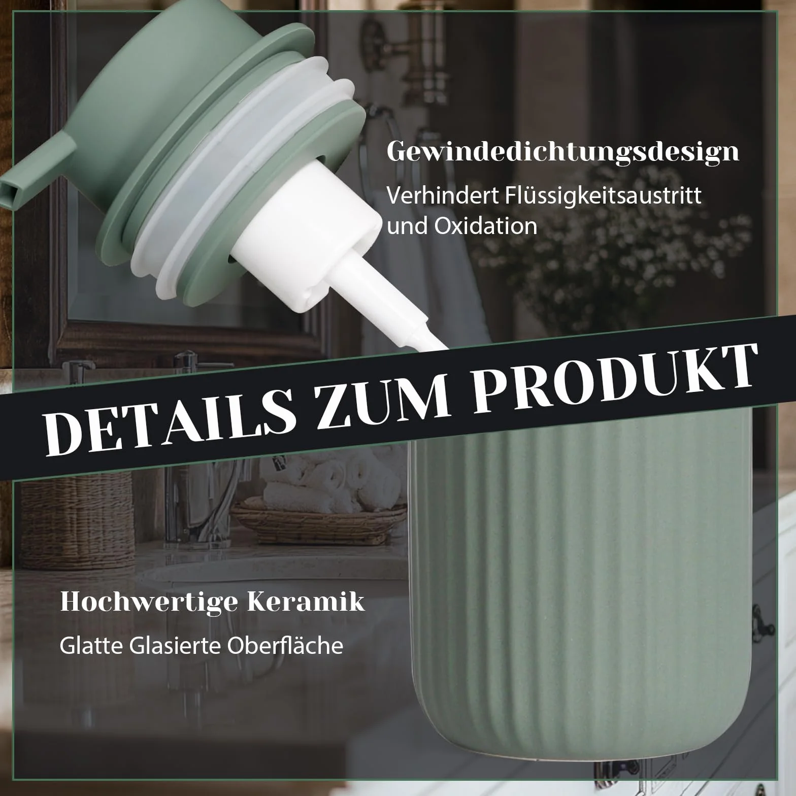 Dozownik mydła w piance, zielony, 350 ml, dozownik płynu do mycia naczyń z głowicą pompki piankowej, do wielokrotnego napełniania, ceramiczny matowy zielony, dozownik mydła do kuchni