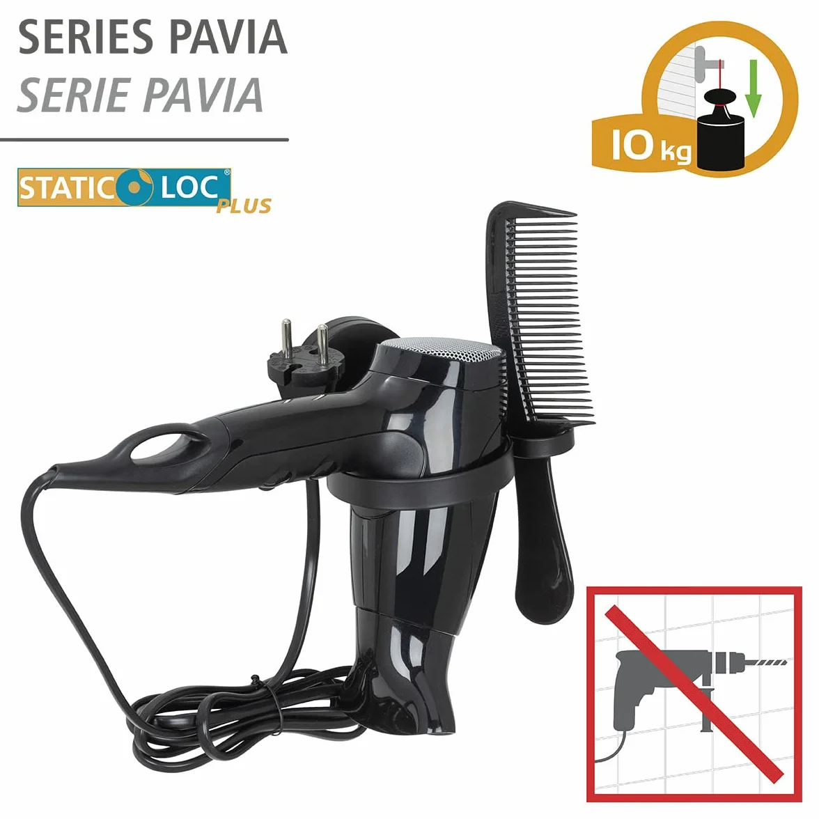 WENKO Static-Loc® Plus uchwyt na suszarkę do włosów model Pavia czarny, uchwyt na suszarkę do włosów z uchwytem grzebieniowym i na kabel, mocowanie bez wiercenia