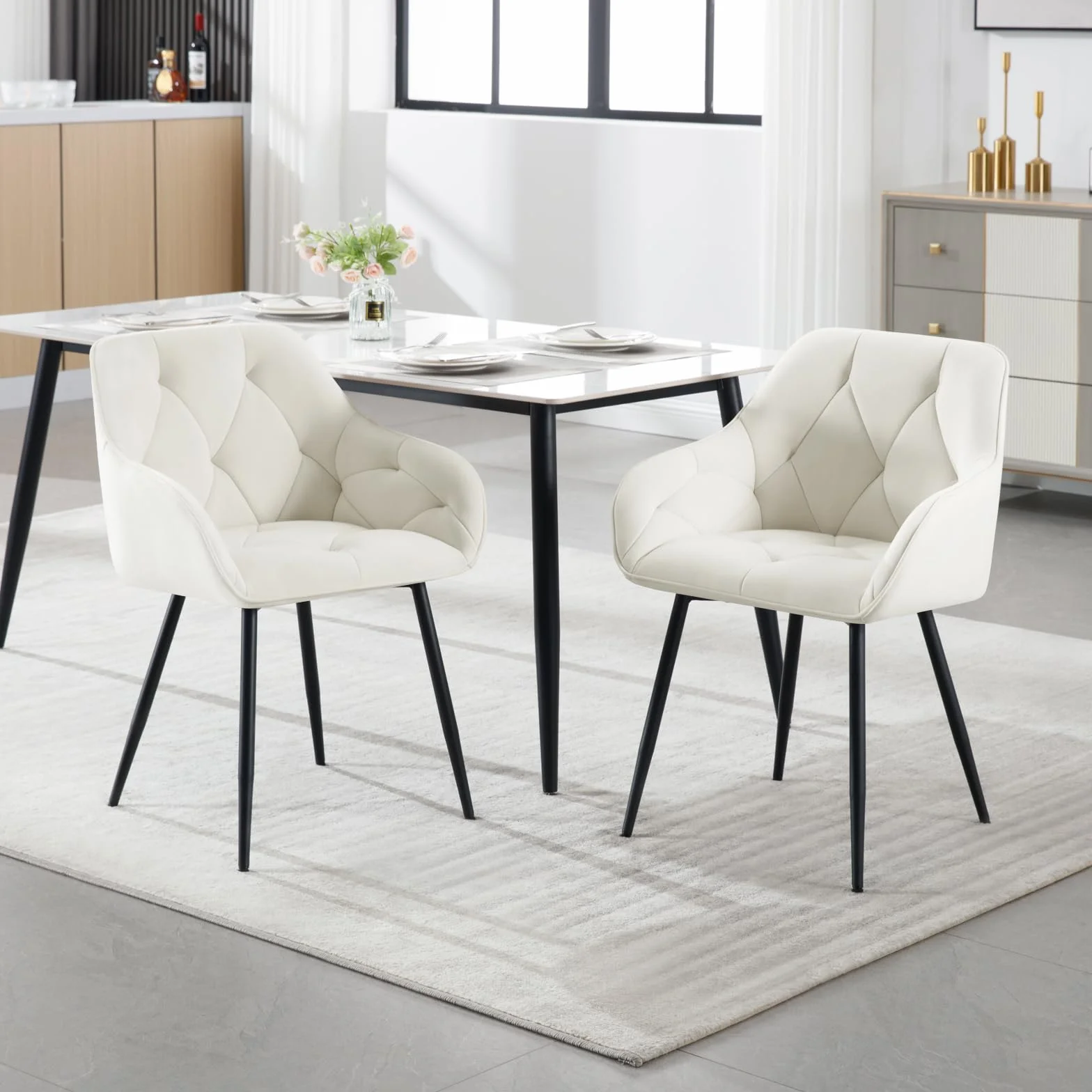 WOLTU 6 x krzesło do jadalni, kuchni, krzesło do jadalni, salonu, ergonomiczny fotel, krzesło z podłokietnikami, krzesło tapicerowane, siedzisko z aksamitu, metalowe nogi, kremowe, EZS02cm-6