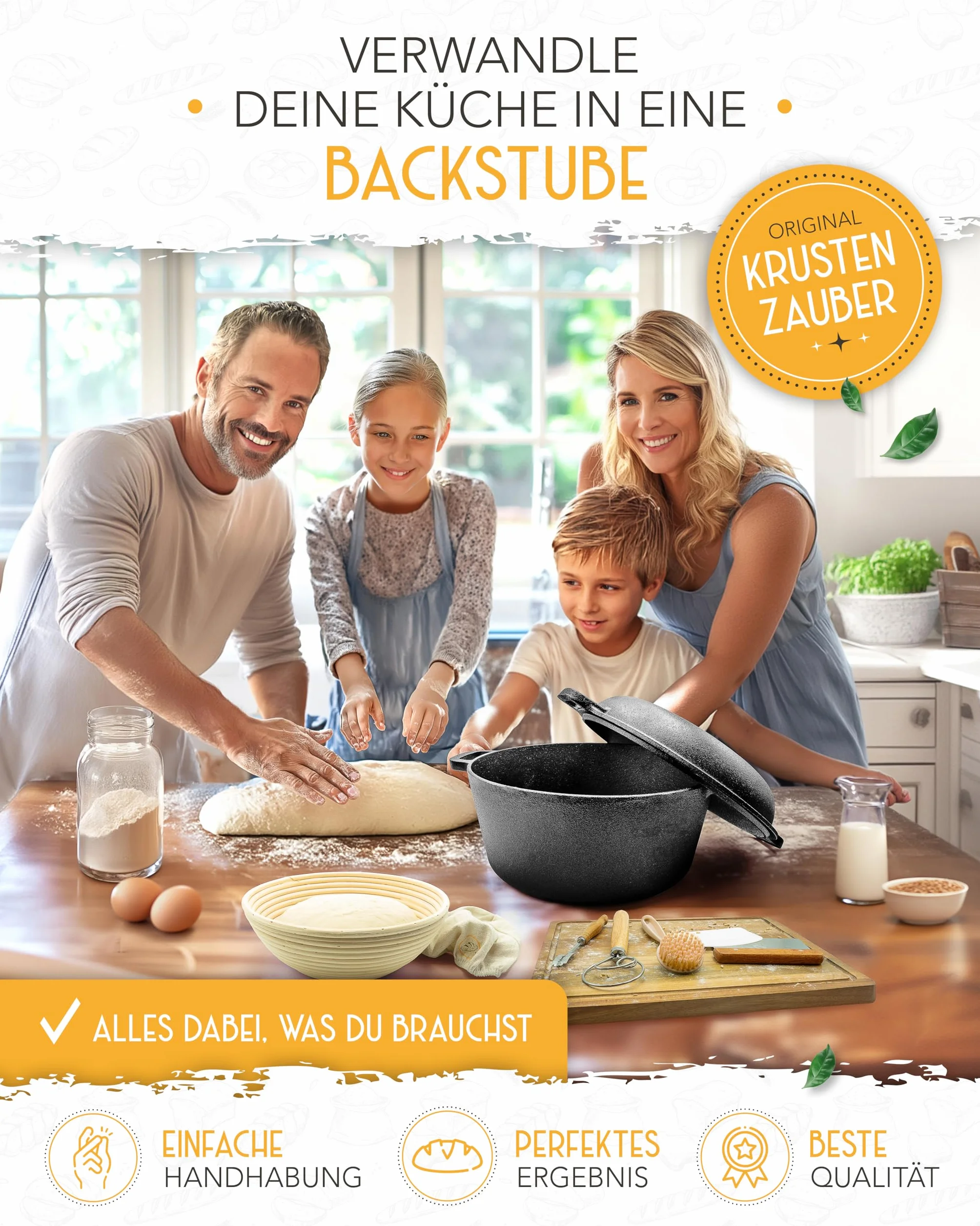 KRUSTENZAUBER Garnek żeliwny do pieczenia chleba w XXL zestawie - formy do pieczenia chleba z pokrywką w tym koszyk do garowania, trzepaczka, nóż piekarski, skrobak do ciasta, pętla do chleba i więcej
