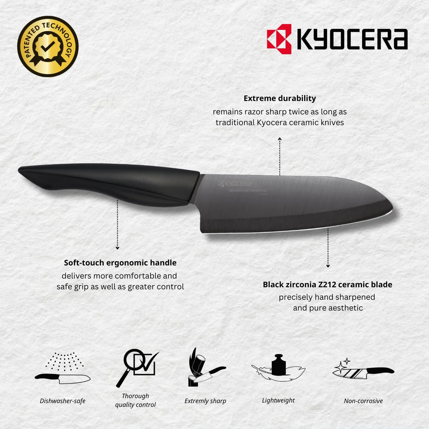 Nóż ceramiczny Kyocera SHIN Black, nóż Santoku, ostrze 16 cm, opatentowane ostrze z ceramiki cyrkonowej, ostrze ręczne, wyjątkowo ostre, można myć w zmywarce, rękojeść i ostrze czarne, ZK-160 BK-BK
