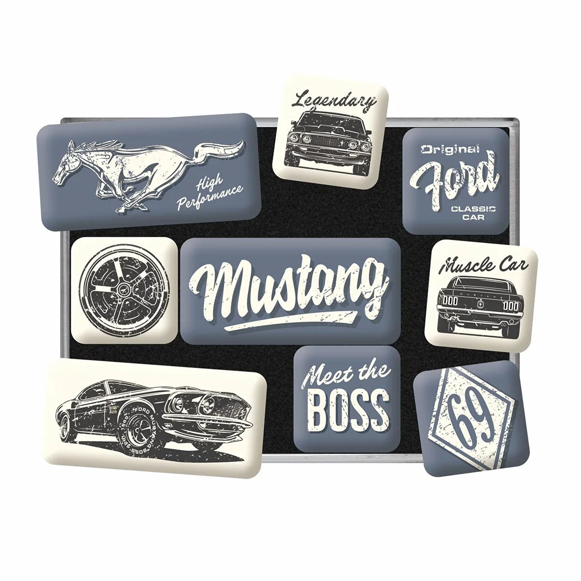 Nostalgic-Art Retro magnesy na lodówkę, 9 sztuk, Ford Mustang – The Boss – Pomysł na prezent dla miłośników Forda, Official License Product (OLP), zestaw magnesów, Styl vintage