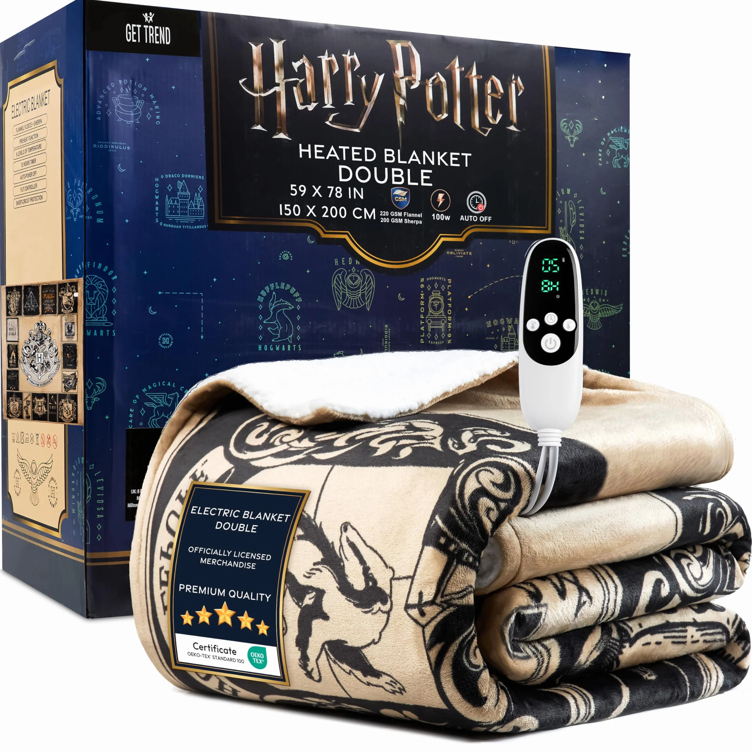 Get Trend Harry Potter Podwójny koc grzewczy 150 x 200 cm, przytulny polar sherpa, 9-poziomowe ogrzewanie elektryczne z 12 godzinami automatycznego wyłączania (Multi Harry Potter, podwójny EU)