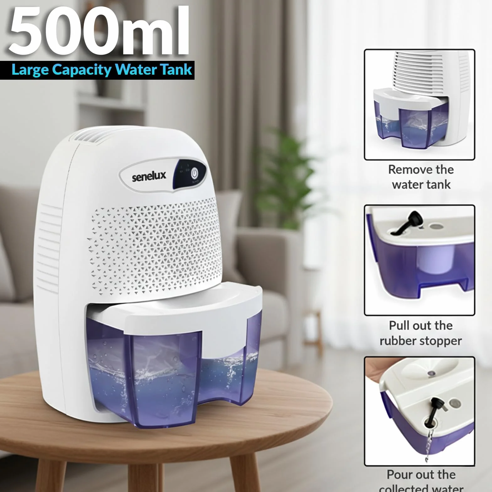 Senelux Mocny 500 ml Mini Przenośny Najlepszy Cichy Osuszacz Powietrza Mały Osuszacz Powietrza Skuteczny i Stabilny, Wilgoć w Domu, Przenośny Pochłaniacz Wilgoci dla Małych Pokoi, Łazienki, Piwnicy