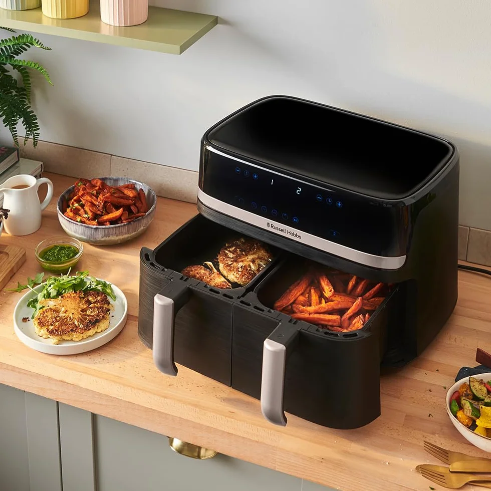 Russell Hobbs Frytkownica beztłuszczowa 9L Air Fryer [dwie komory/strefy, 9 programów] Satisfry (szuflady można myć w zmywarce, maks. 200℃, niski poziom hałasu, pieczenie bez oleju, 2800W) 27681-56