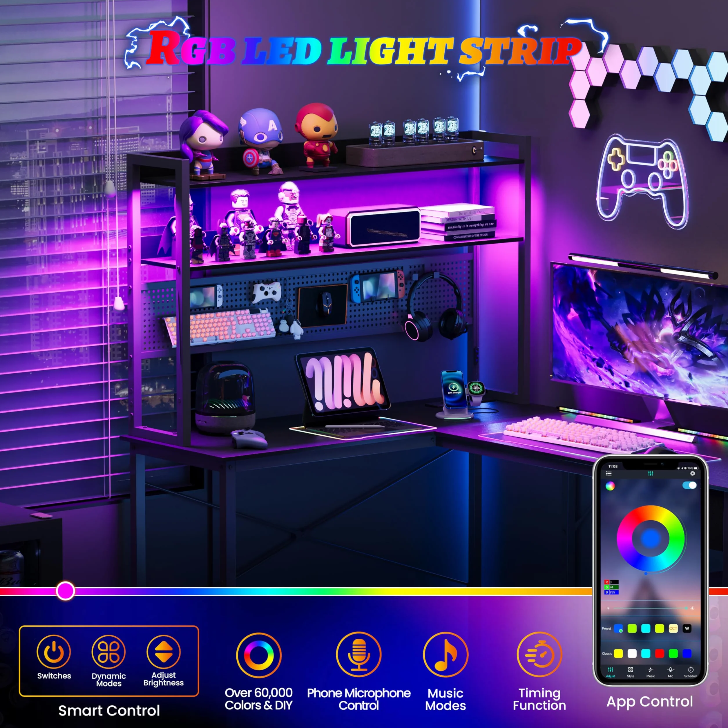 YOUDENOVA biurko narożne gamingowe z perforowaną ścianką 155 x 100 cm z gniazdkami i USB