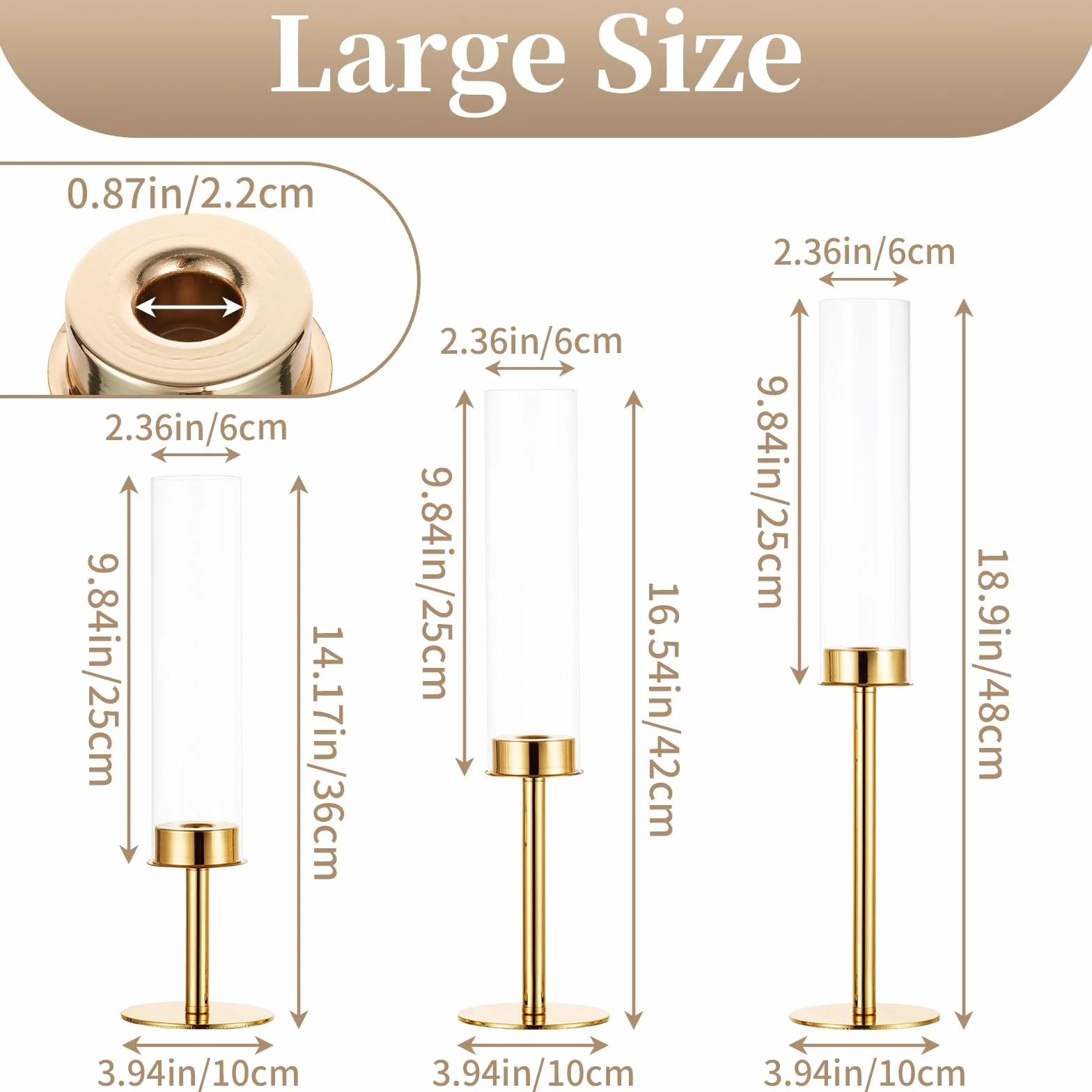 Sziqiqi Złoty metalowy świecznik na wesele – 48/42/36 cm, dekoracyjny świecznik z lampionem, szklany świecznik do świec prętowych do salonu, nowoczesny