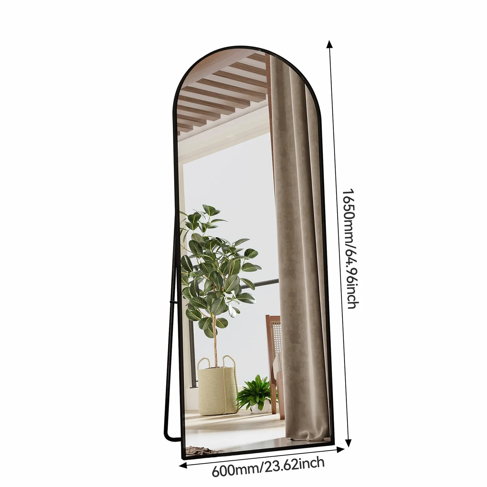 Pełne lustro łukowe, duże lustro ścienne 165 x 60 cm z aluminiową ramą, lustro łukowate, lustro do sypialni, duże lustro podłogowe o pełnej długości (czarne)