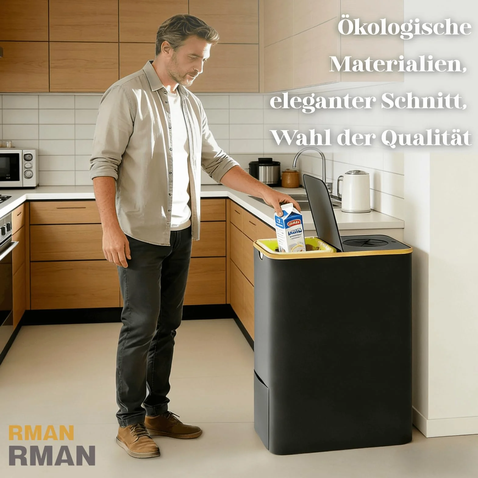 RMAN 160 l, żółty stojak na worki na śmieci, pojemnik na śmieci z pokrywką, 2 w 1, wodoszczelny, składany, z 10 żółtymi workami na śmieci, do kuchni, gospodarstwa domowego, czarny