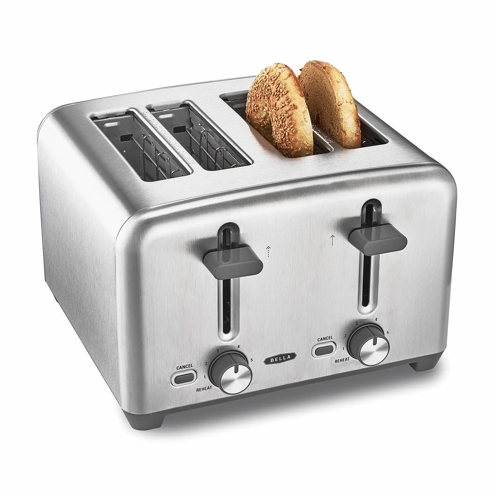 BELLA 4 Slice Toaster, Quick & Even Results Every Time, Wide Slots Fit Any Size Bread Like Bagels or Texas Toast, Drop-Down Crumb Tray for Easy Clean Up, Stainless Steel