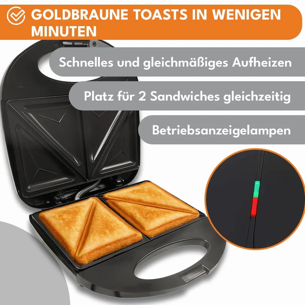 KRUMAD Opiekacz do kanapek 1000W – Dwuszczelinowy Sandwich Maker z powłoką nieprzywierającą, wskaźnikami LED i uchwytem termoizolacyjnym – Kompaktowy toster do tostów