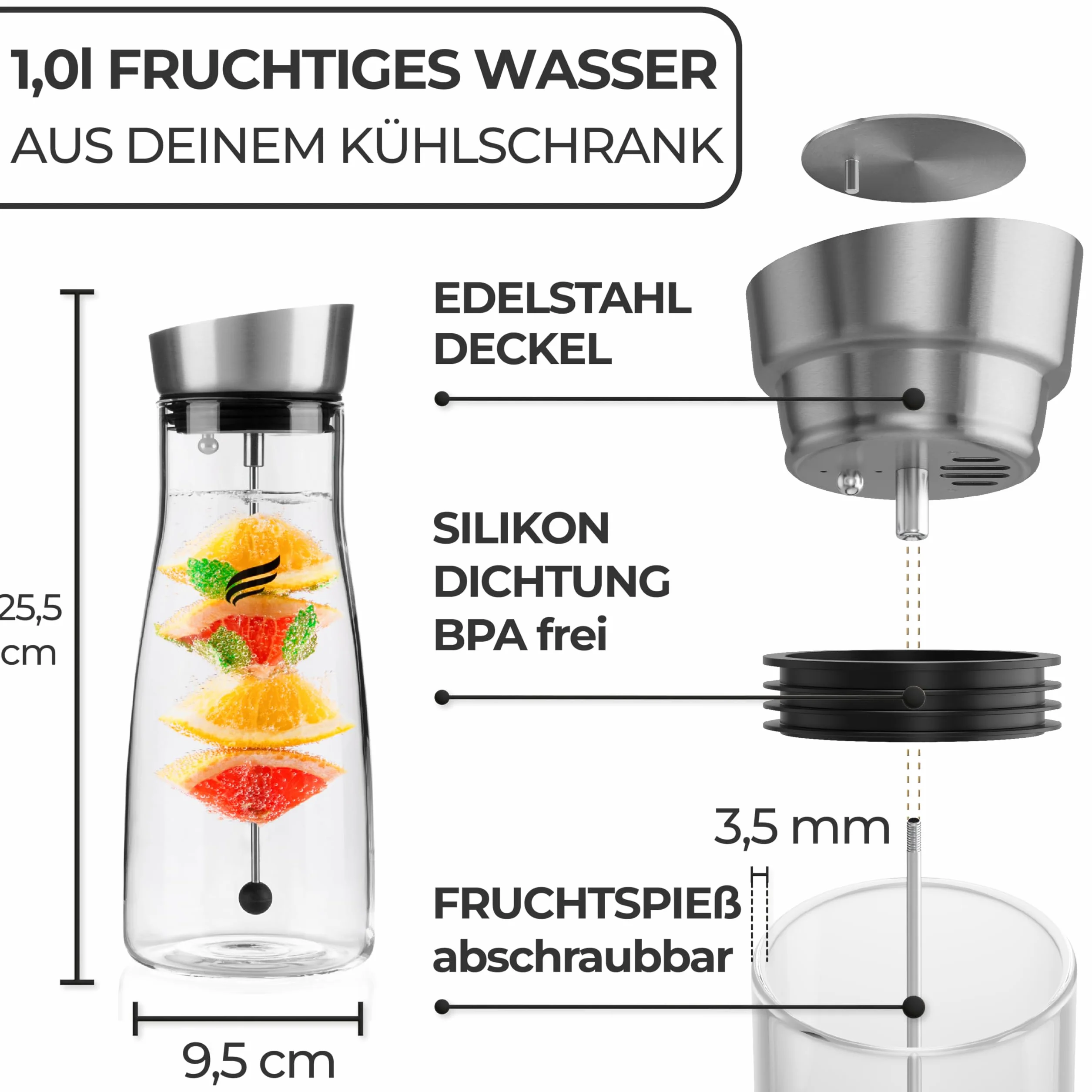 Laura szklana karafka na wodę 1,0 l - Premium karafka na wodę z pokrywką ze stali nierdzewnej - karafka na wodę z wkładem na owoce z odpornego na wysokie temperatury szkła borokrzemowego
