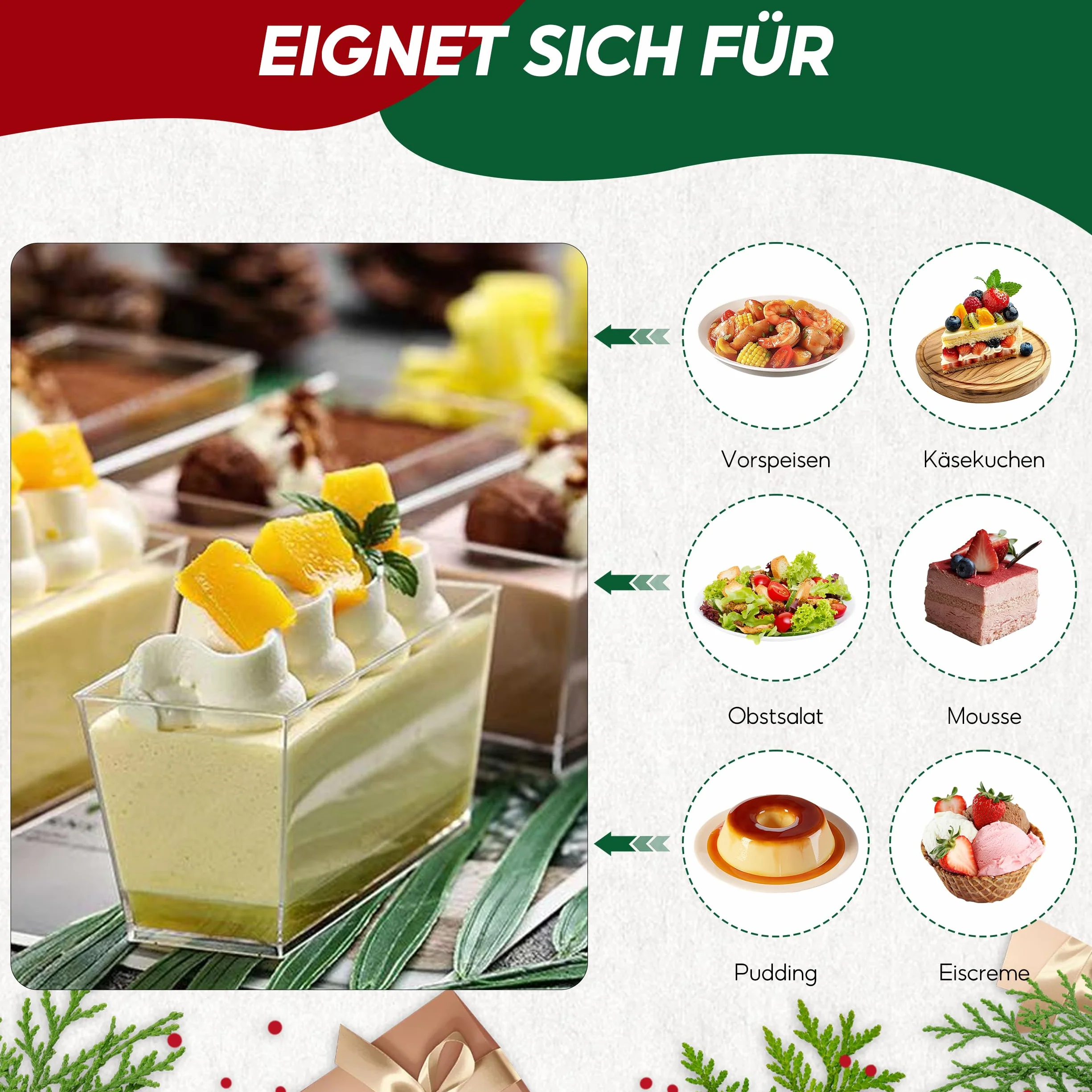 30 Sztuk Plastikowych Kubków Deserowych, Prostokątne, Przezroczyste Miseczki Deserowe, Wielokrotnego Użytku, Kwadratowe Kubki Deserowe, do Deserów, Puddingu, 140 ml, Materiał PS