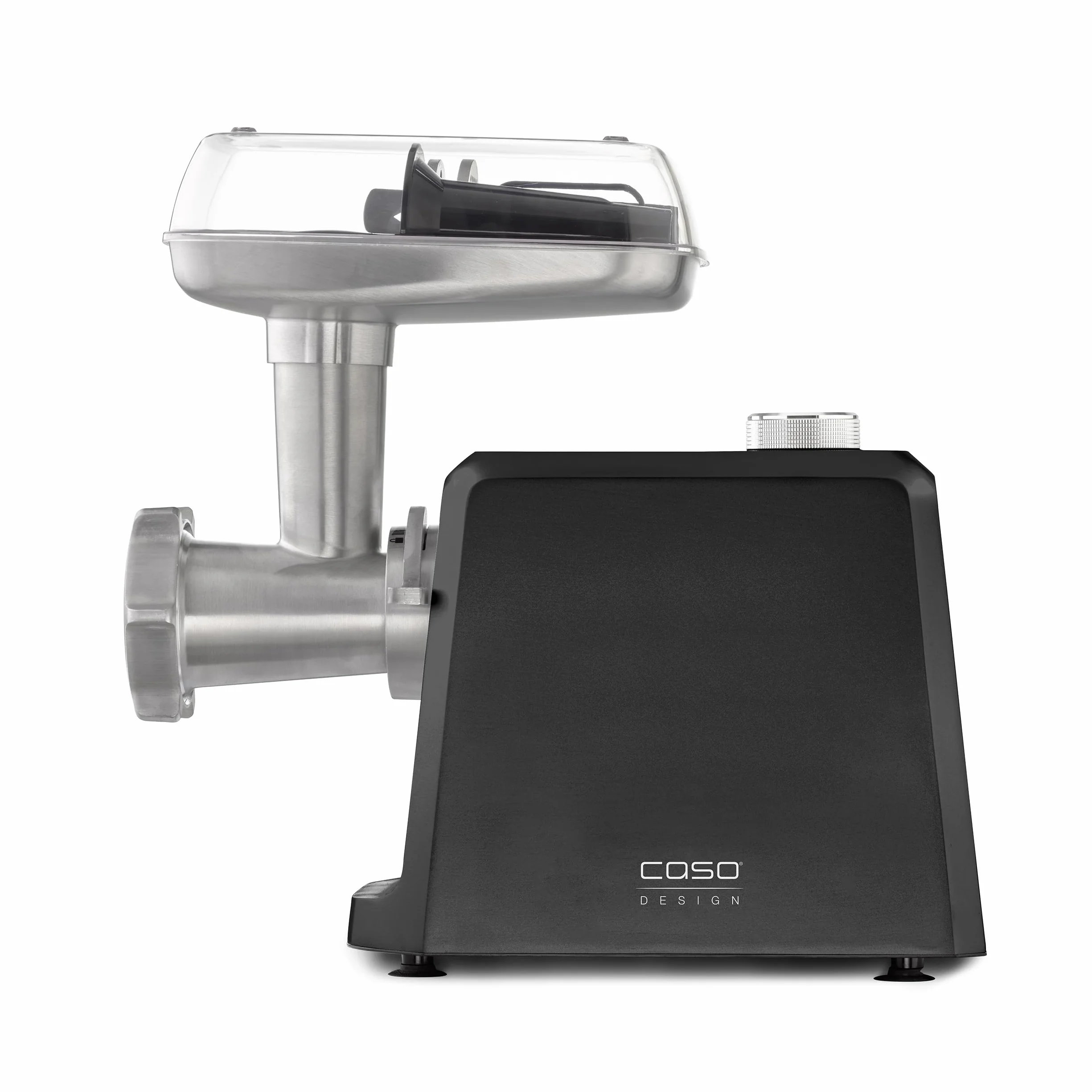 CASO FW 2500 Black, maszynka do mięsa z wydajnym silnikiem o mocy 2500 W, trwałe ostrze tytanowe, funkcja powrotu, bogate akcesoria w zestawie prasa do burgerów, cichy silnik DC