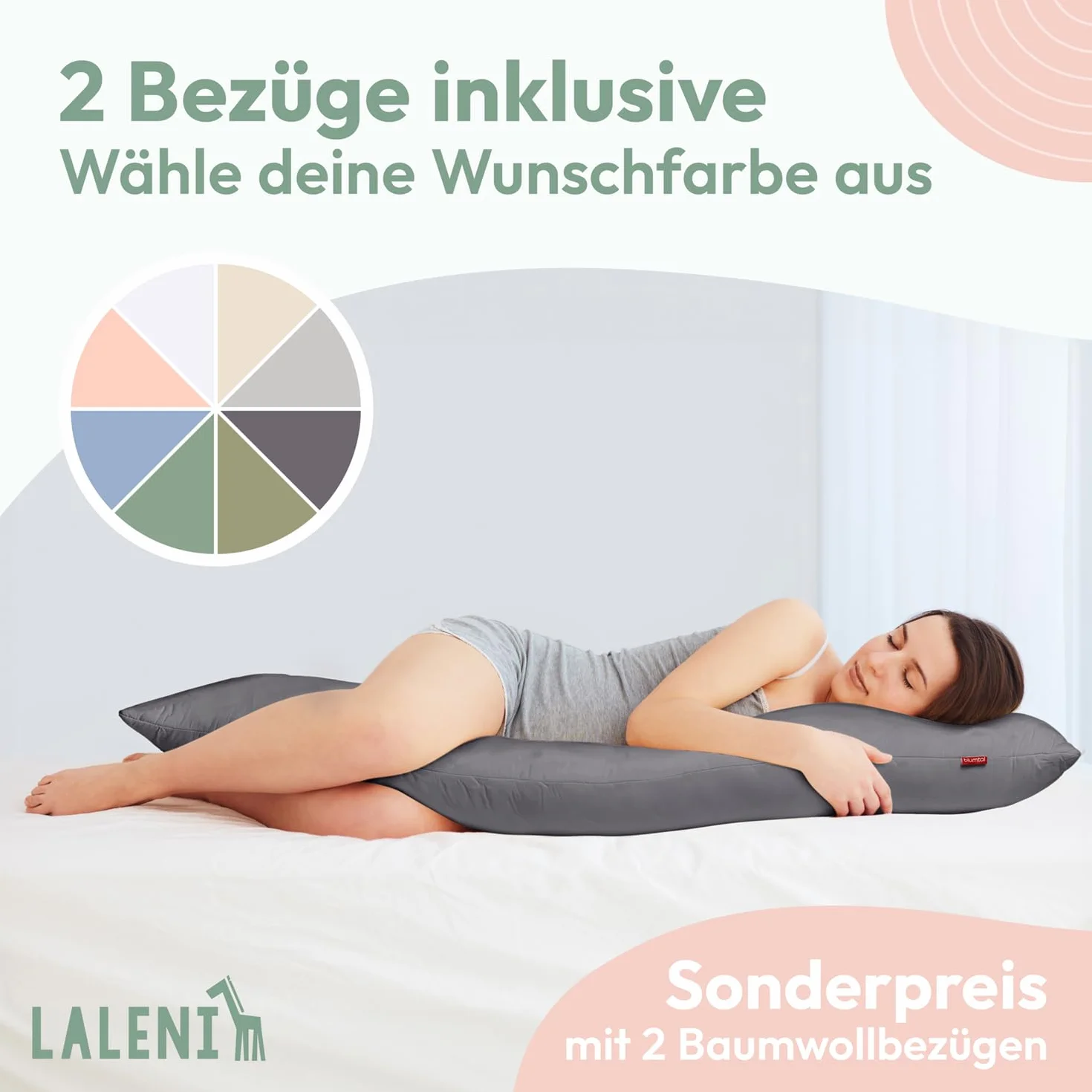 Laleni poduszka ciążowa 40 x 145 cm, certyfikat OEKO-TEX, poduszka do karmienia i spania na boku, odciążająca, 2 poszewki – Szary