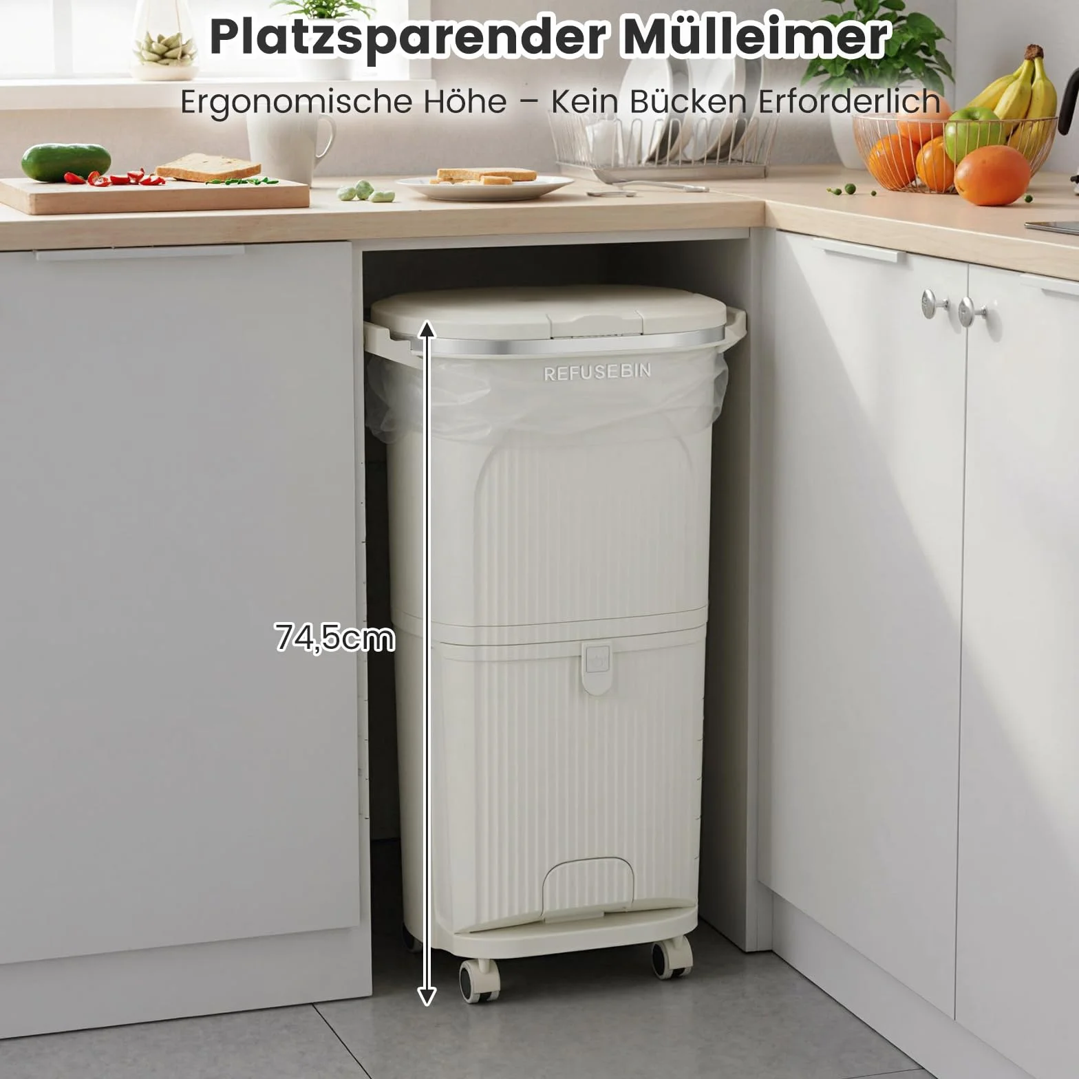 COSTWAY Kosz do kuchni, system segregacji śmieci, 3 przegródki, 2 x kosz wewnętrzny 12 l i kosz na śmieci z pedałem 14 l, kosz na śmieci z rolkami, pokrywą, pedałem i haczykami, kosz na śmieci z