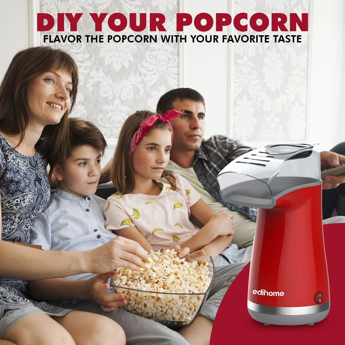 Edihome, Pop Corn Machine, Popcorn, 1200 W, zawiera łyżkę dozującą, Popcorn gotowy w 2 minuty (czerwony)