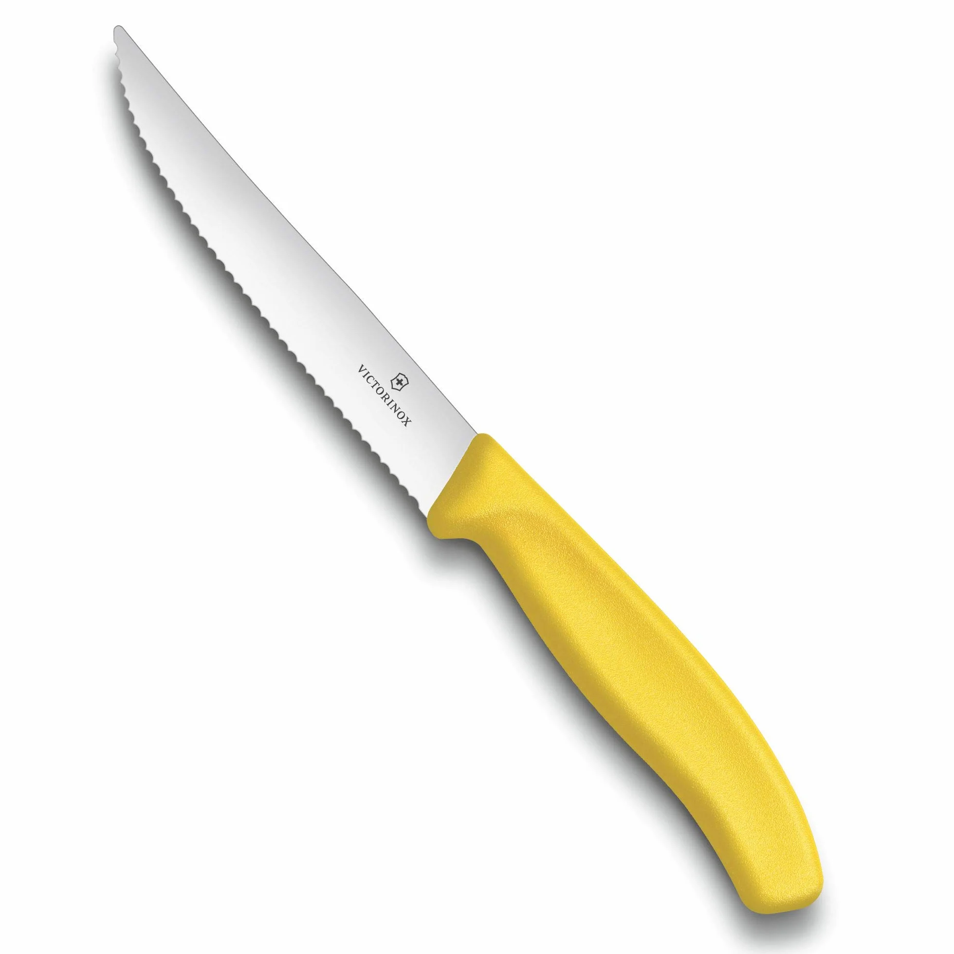 Victorinox, 6.7936.12L8B, Swiss Classic, Steak- und Pizzamesser, Extra scharfe Klinge, mit Wellenschliff, robuster Kunststoff-Griff, Gelb, Made in Switzerland, Spülmaschinengeeignet
