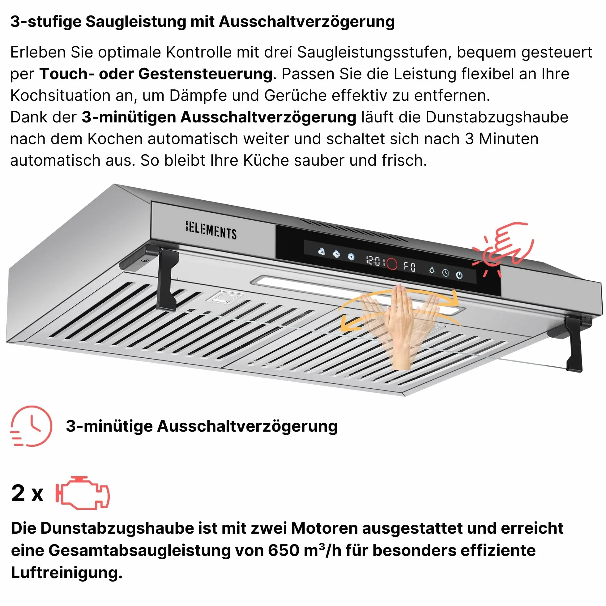okap kuchenny 60 cm, okap z obiegiem/wywiewem z potężną wydajnością ssącą 650 m³/h, podwójny silnik, sterowanie gestami, wielofunkcyjny ekran dotykowy (srebrny 60 cm)