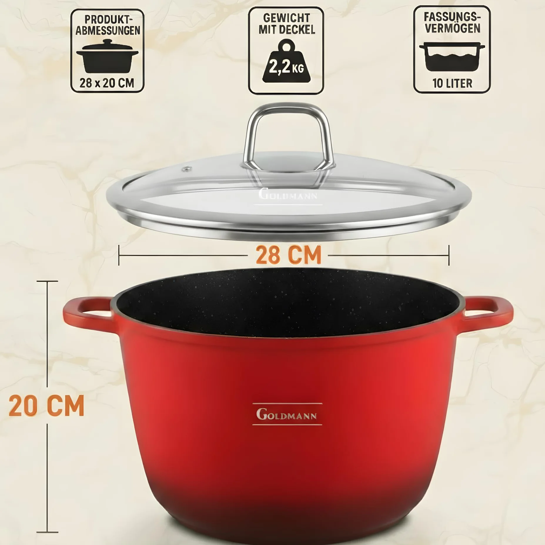 GOLDMANN garnek z odlewanego aluminium 28 cm 10 L, powłoka ceramiczna nieprzywierająca, szklana pokrywka, nadaje się do kuchenek indukcyjnych, można używać w piekarniku, bez PFOA