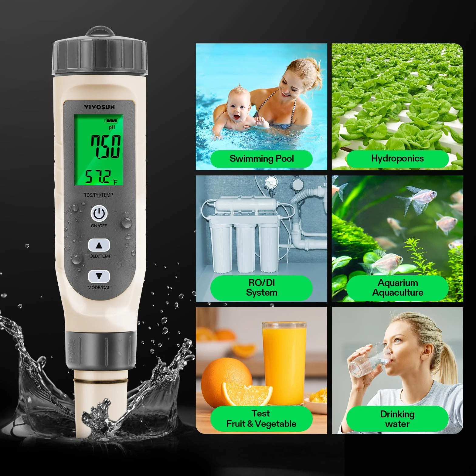 VIVOSUN 3-w-1 cyfrowy miernik pH z ATC, tester jakości wody z dokładnością ±0,1 pH, zakres pomiaru pH 0–14,0 do hydroponici, do domu, basenu i akwarium