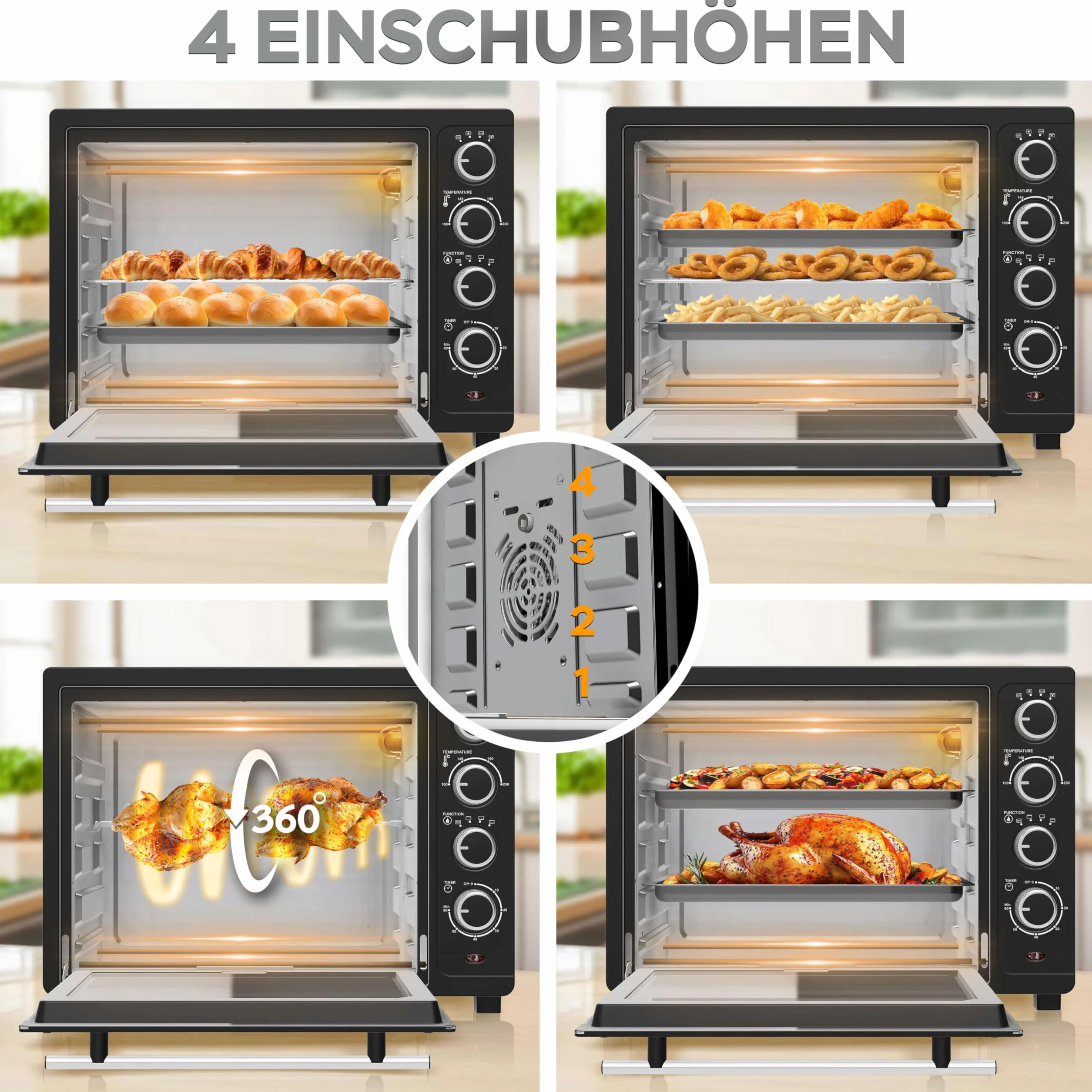 TurboTronic mini piekarnik z termoobiegiem, 35 l, czarny, 1600 W, mini piekarnik z 2 blachami do pieczenia, timer, piec do pizzy, grill