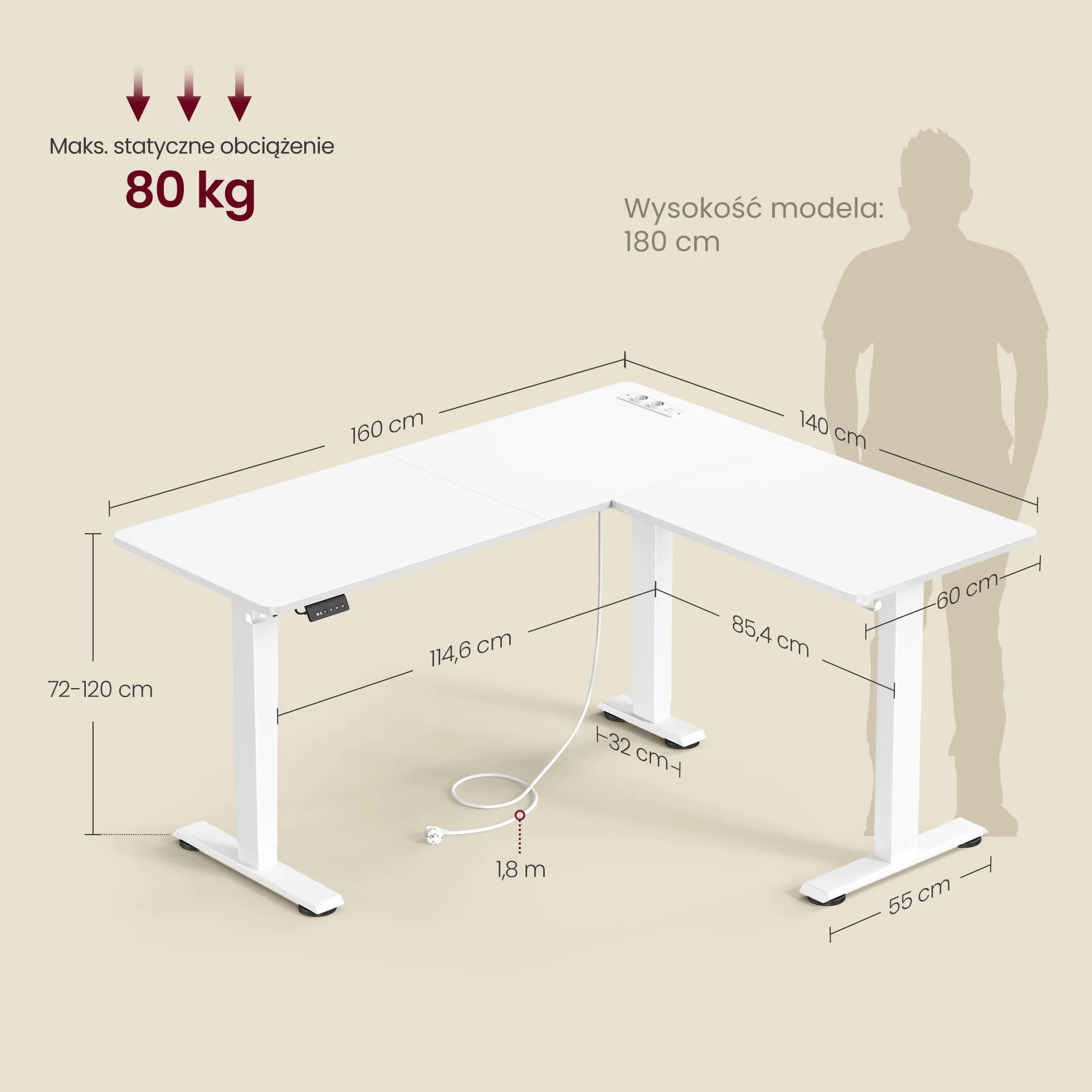 VASAGLE Biurko z elektryczną regulacją wysokości, narożne w kształcie litery L, 140 x 160 cm, z listwą zasilającą, 2 pamięci wysokości, do domowego biura, w kolorze białym i matowym LSD264W01