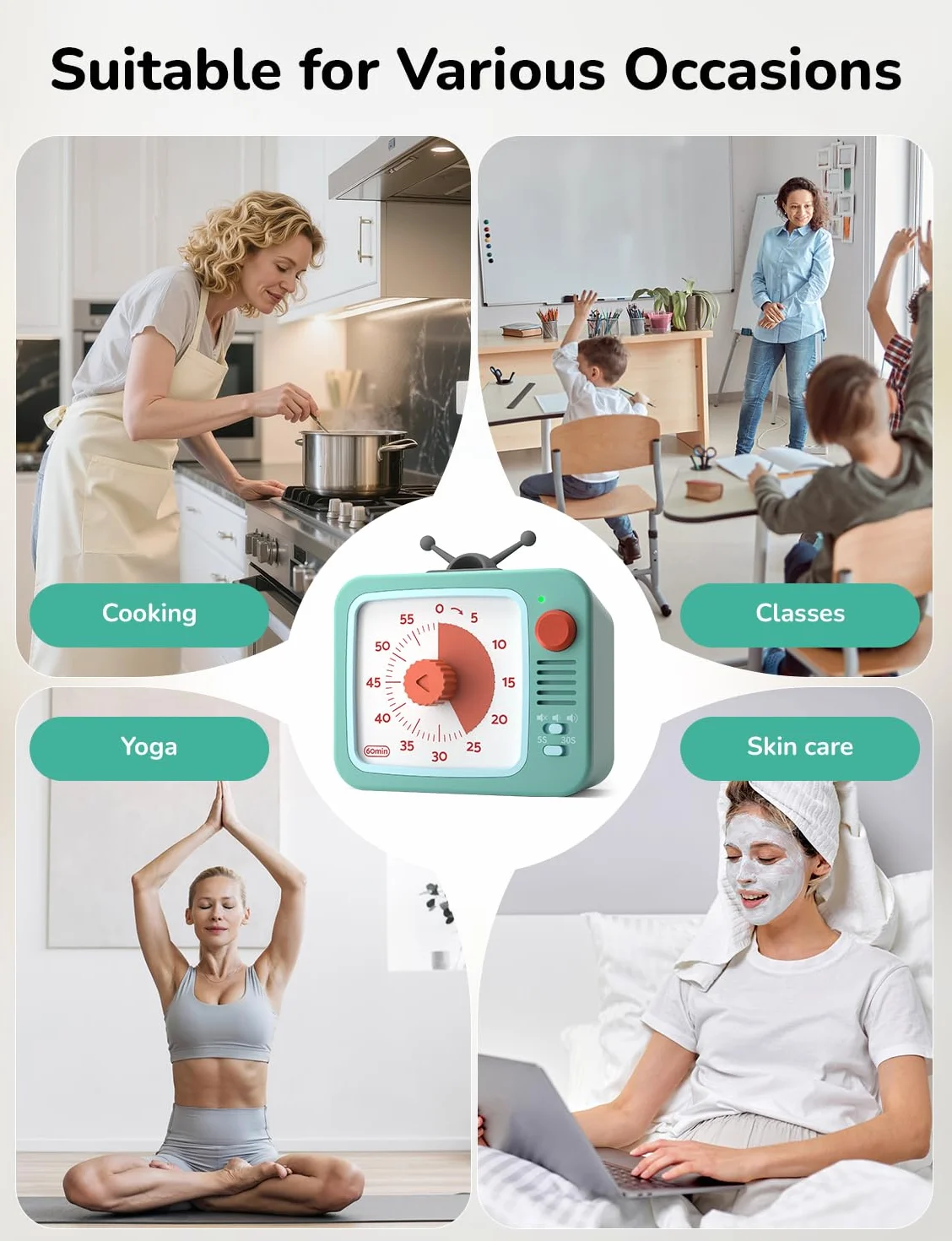 LIORQUE Wizualny timer dla dzieci, uroczy kreskówkowy design, 60-minutowy wizualny minutnik, odliczanie z cichą pracą, narzędzia do zarządzania czasem dla dzieci, do klasy, nauczania, gotowania