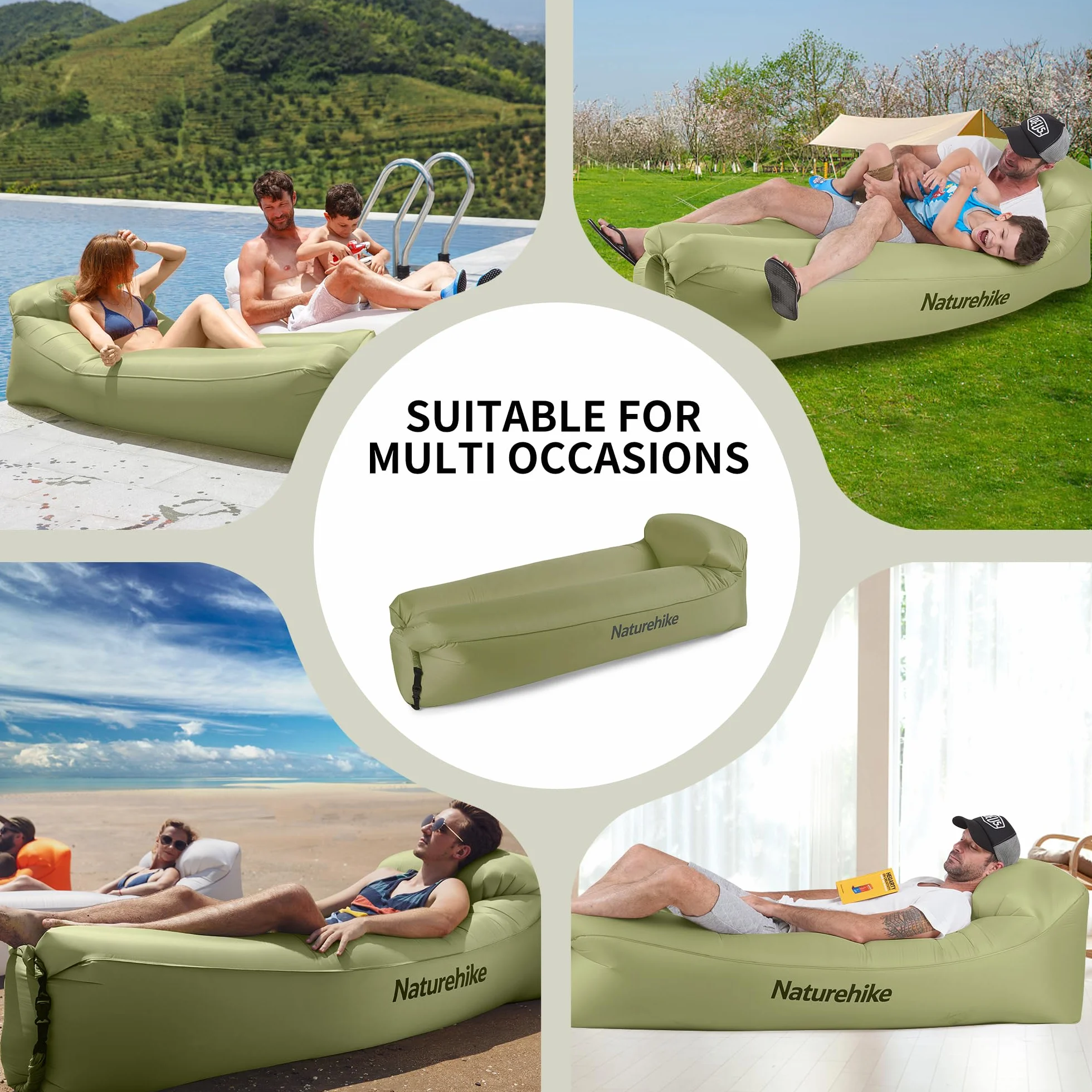 Naturehike Wodoodporna sofa powietrzna Air Lounger z przenośnym pakietem, nadmuchiwana na podróż, kemping, basen, plażę (zielony awokado)