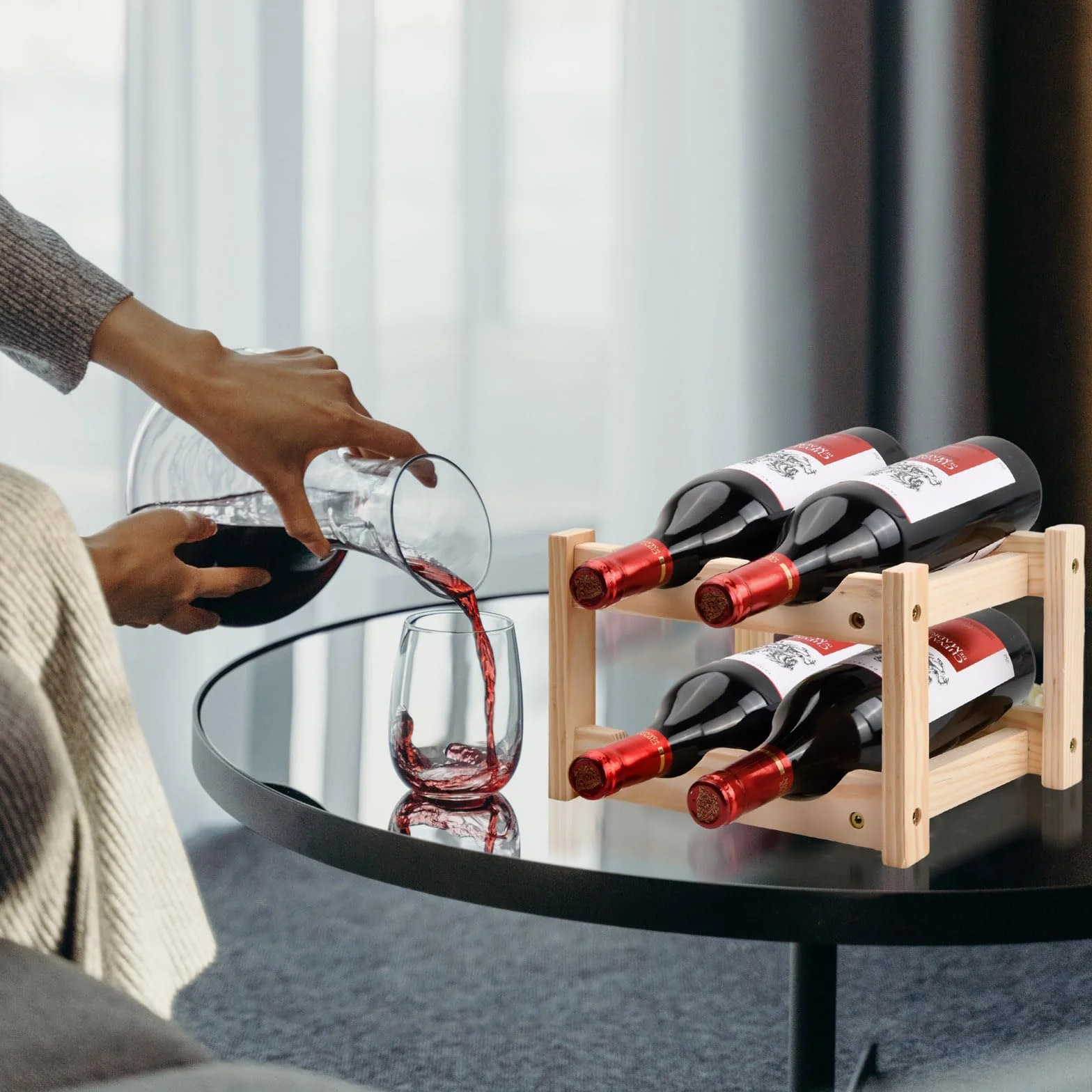 Drewniany stojak na wino, 3-poziomowe, 6 butelek, półki ekspozycyjne na butelki wina, wolnostojący uchwyt do przechowywania wina, stojaki na wino do kuchni, piwnicy, baru, dekoracja domu (B)