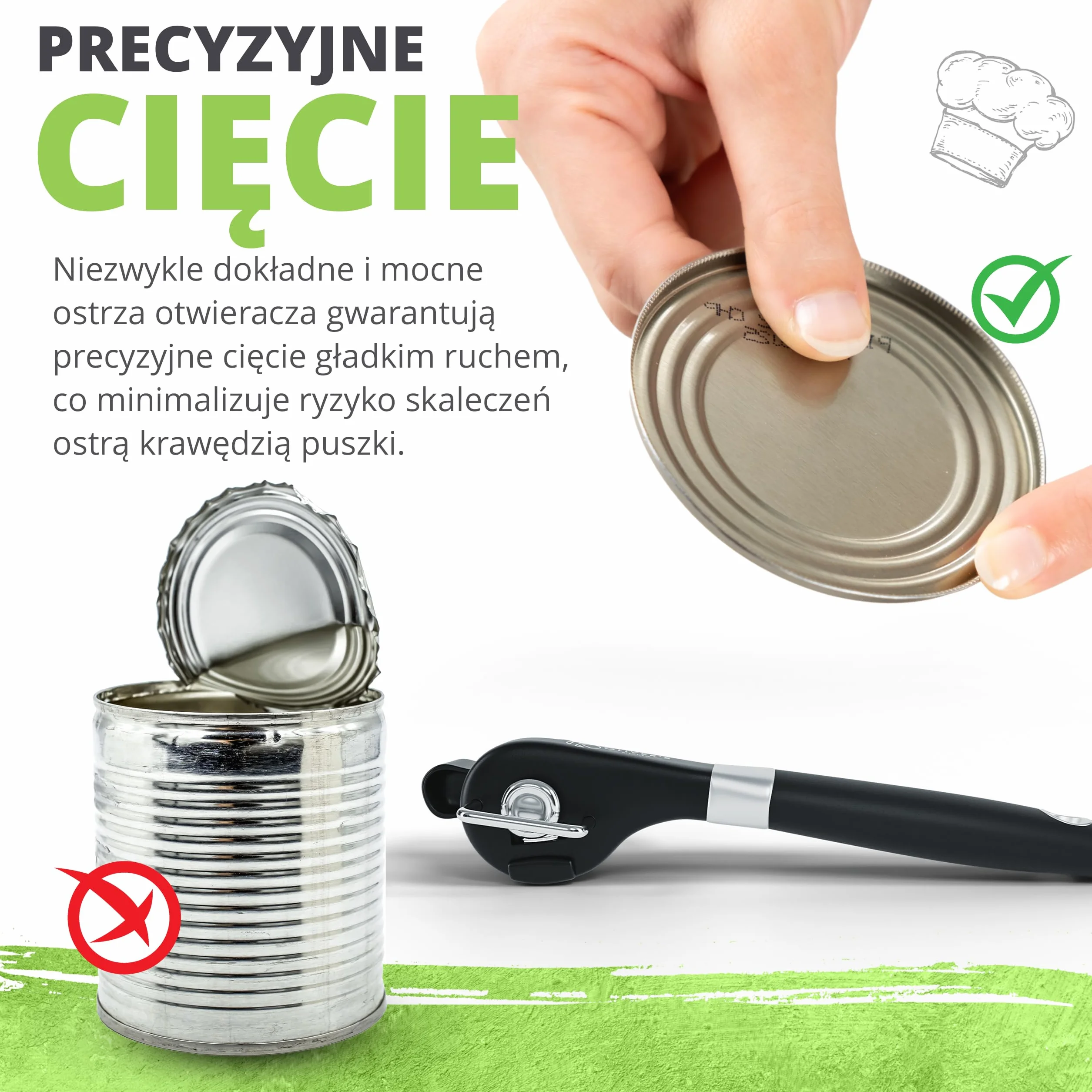 Oliver's Kitchen ® Bezpieczny Otwieracz do Puszek – Solidny Otwieracz do Konserw z Wygodnym Uchwytem – Ręczny Otwieracz Zapobiegający Skaleczeniom – Ostre i Bezpieczne Ostrza