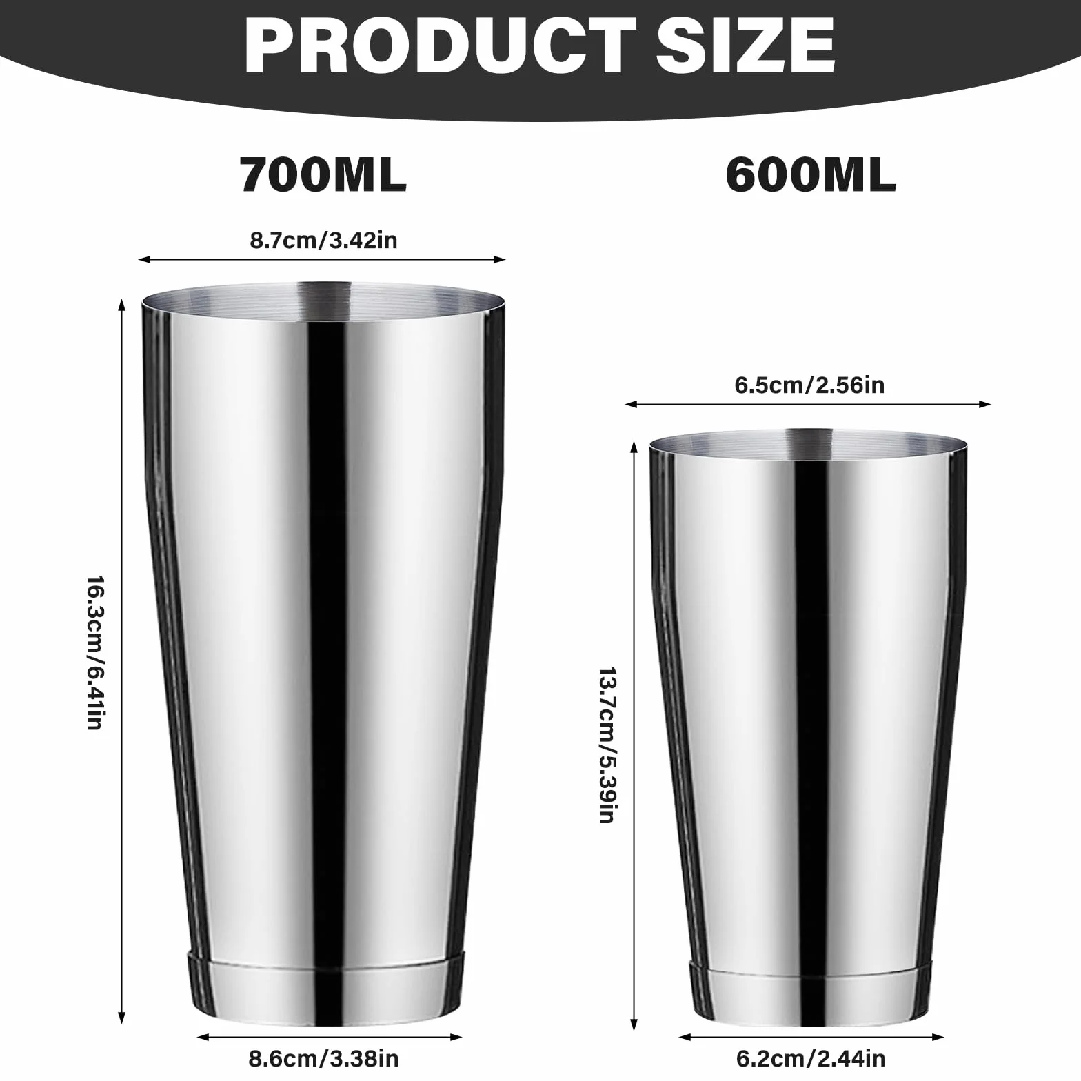 BAIFULAI Boston shaker do koktajli, 700 ml i 600 ml, ze stali nierdzewnej, obciążony, shaker do koktajli, shaker barowy, 2-częściowy, zestaw do koktajli dla początkujących, profesjonalnych barmanów,