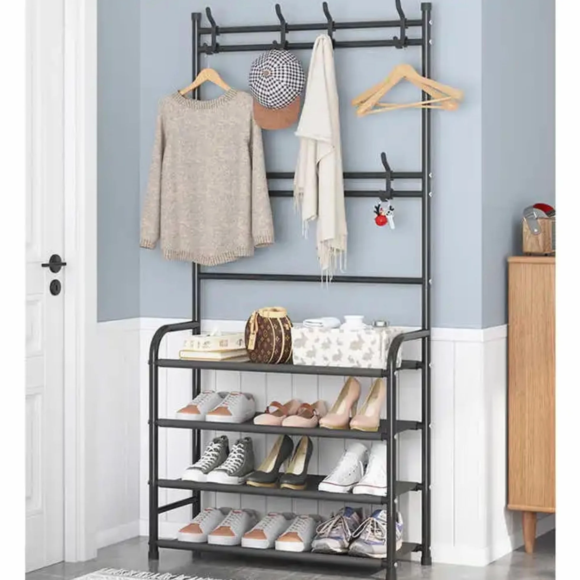 Szafka na buty garderoba wieszak na ubrania meble wejściowe czarna 153 x 80 x 26 cm