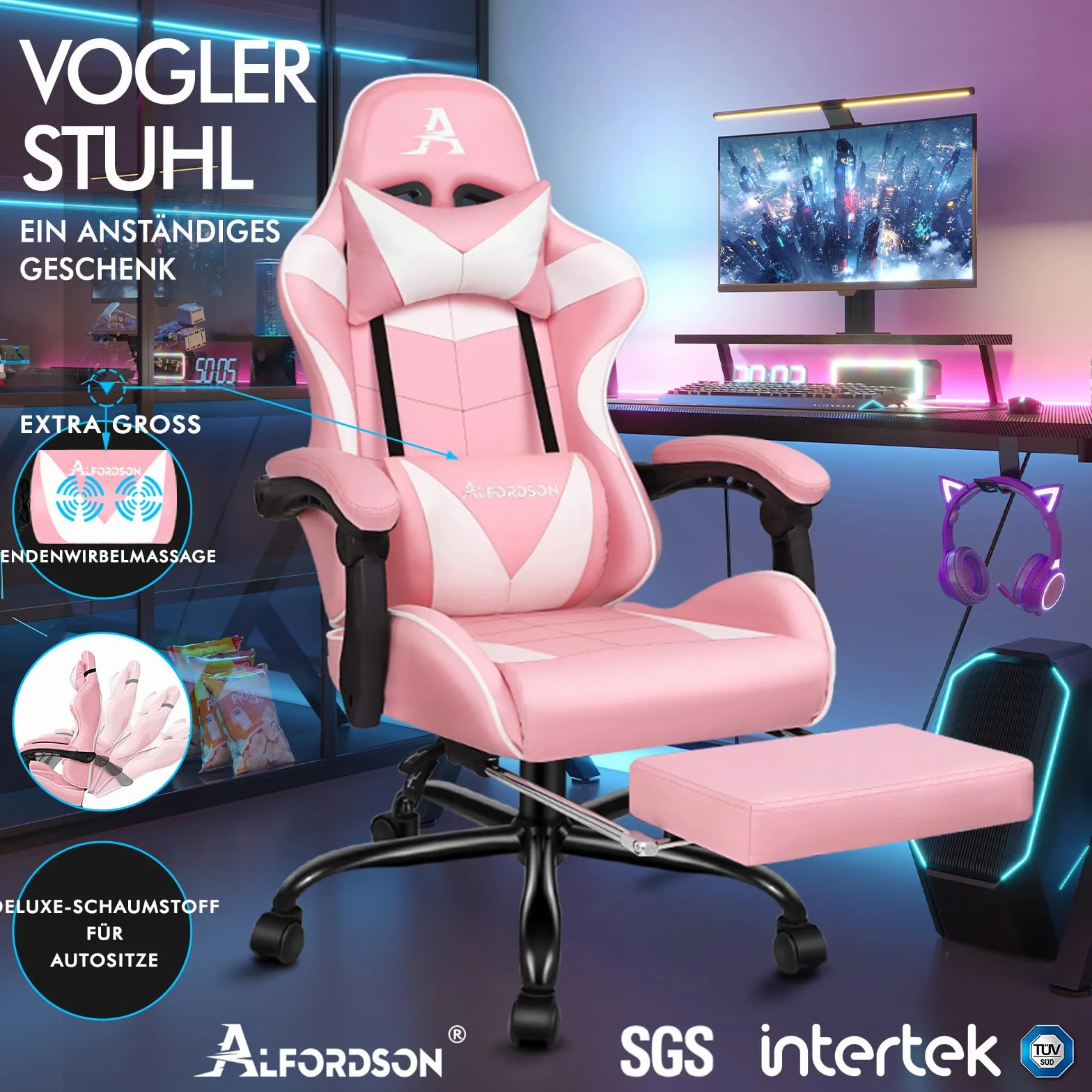 ALFORDSON fotel do gier, ergonomiczne krzesło biurowe, masażer, chowana podpórka na nogi, skóra PU, regulowana wysokość i nachylenie, ładowność 180 kg, kolor różowy