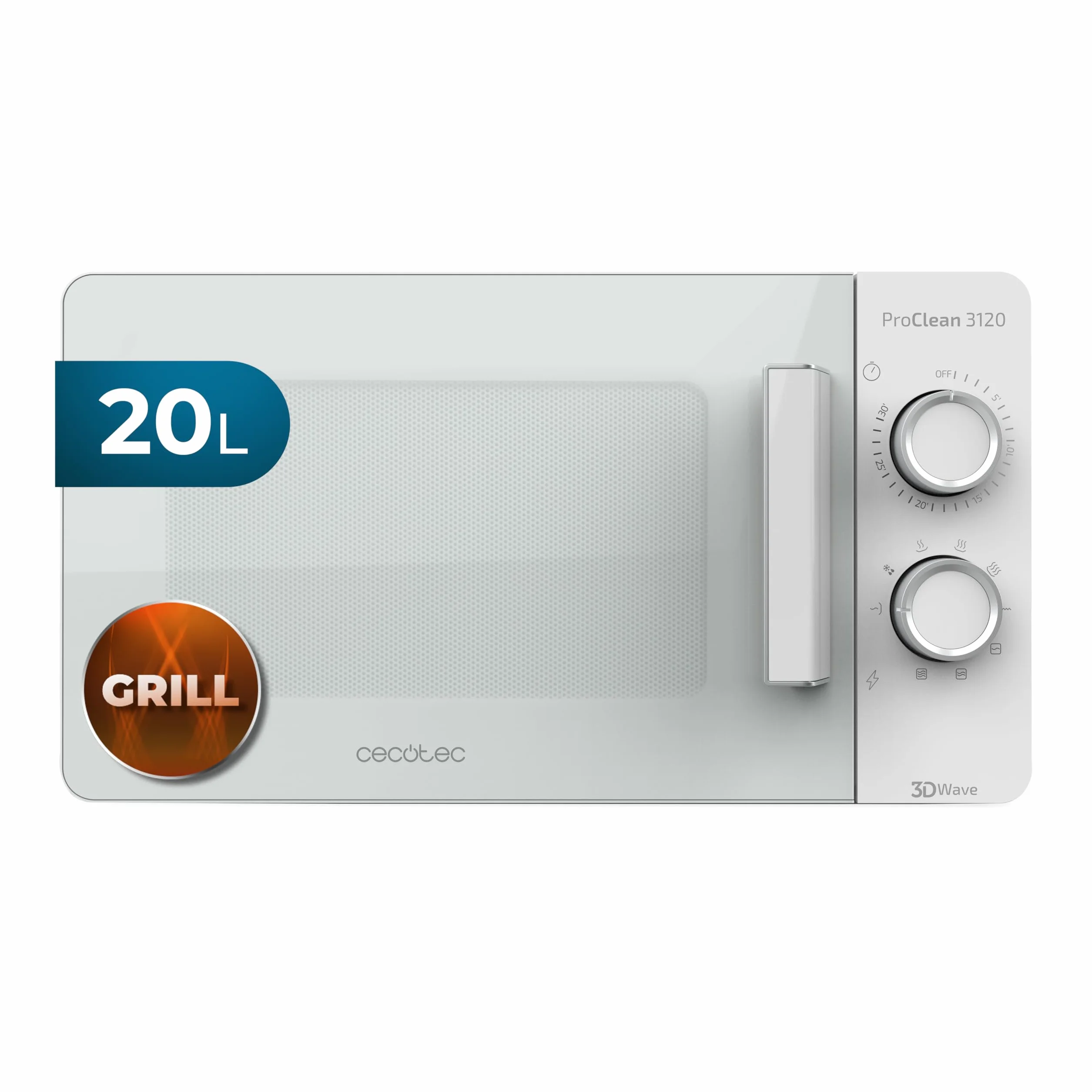 Cecotec Pro Clean 3120 kuchenka mikrofalowa, 700 W, z grillem kwarcowym, 800 W, z powłoką antybaktacyjną Ready 2 Clean, technologia 3D Wave, pojemność 20 l, 6 stopni, pełne białe drzwi frontowe, kolor