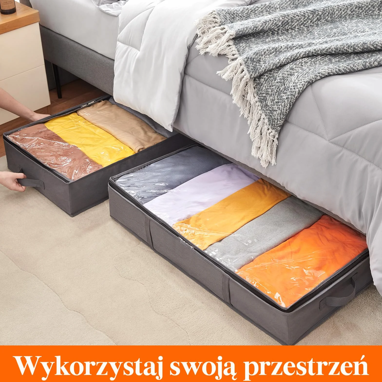 Lifewit Torba do Przechowywania pod Łóżko z 4 Wzmocnionymi Uchwytymi, Duży Pojemnik na Ubrania Składany, Organizer do Przechowywania Ubrań, Pościeli i Butów, Szary, 90 x 48 x 15 cm, 65L, 4-Pack