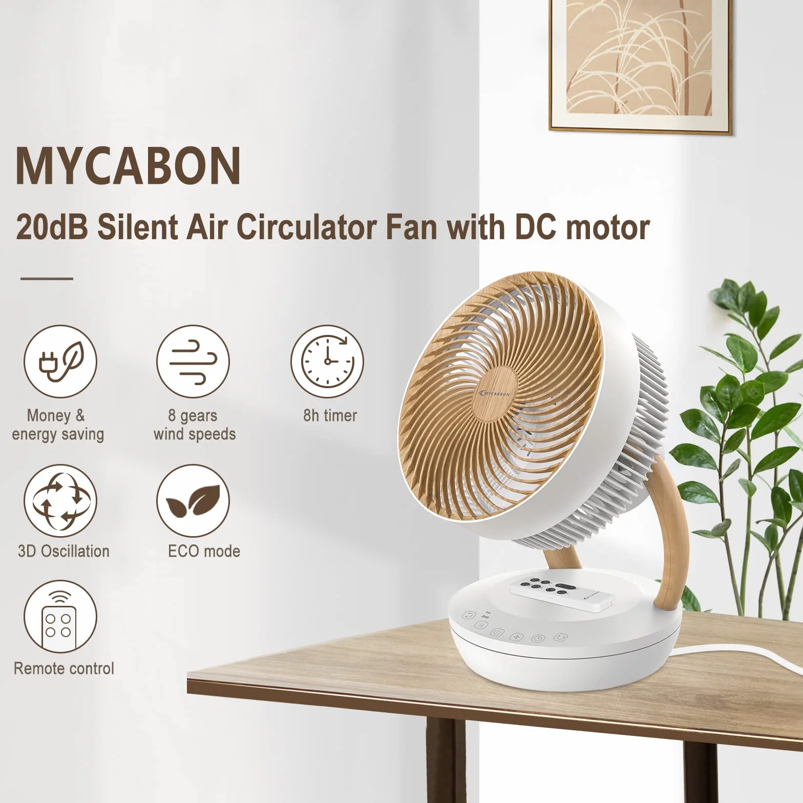 MYCARBON Wentylator stołowy DC 20 dB 1850 m³/h 8 trybów 3D