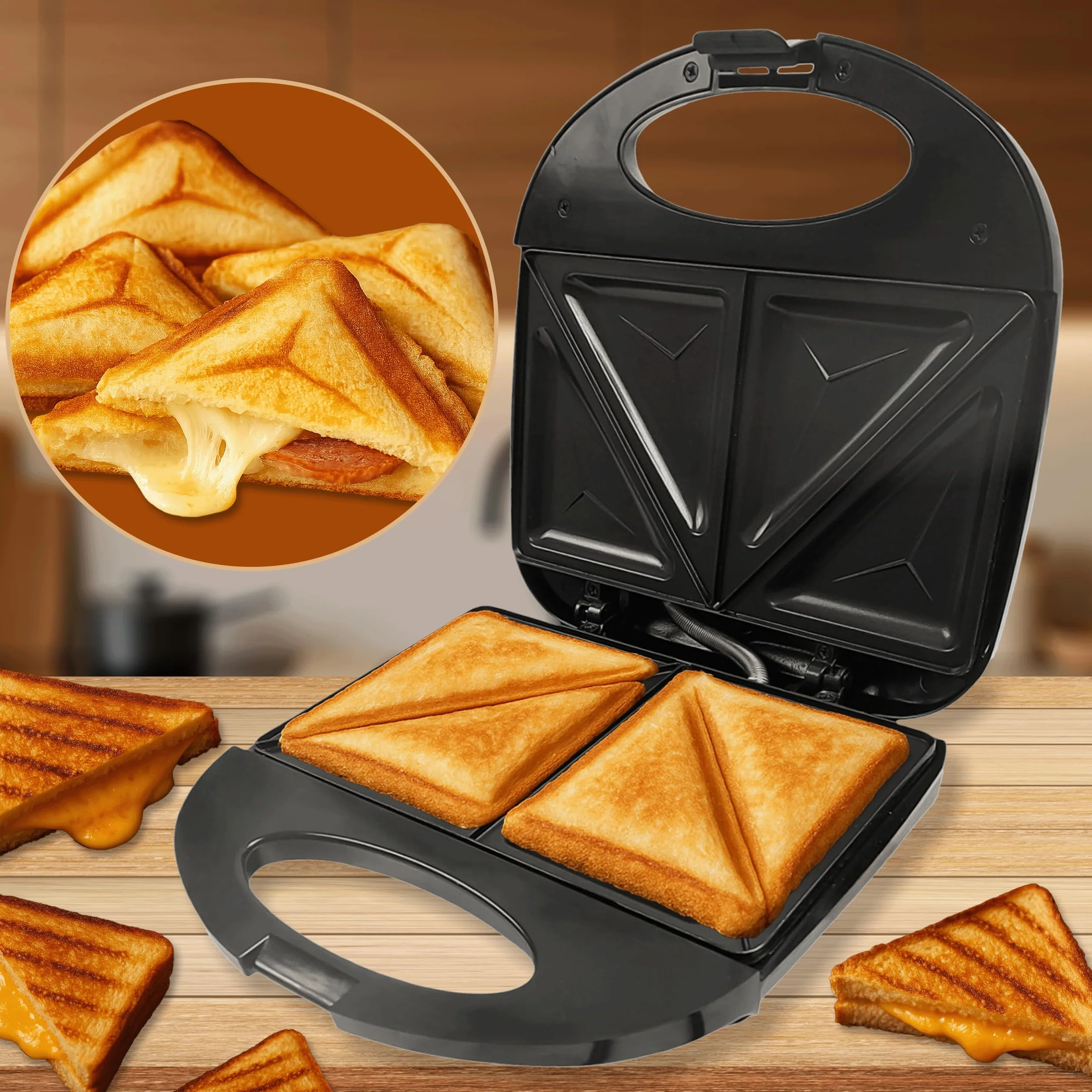 KRUMAD Opiekacz do kanapek 1000W – Dwuszczelinowy Sandwich Maker z powłoką nieprzywierającą, wskaźnikami LED i uchwytem termoizolacyjnym – Kompaktowy toster do tostów