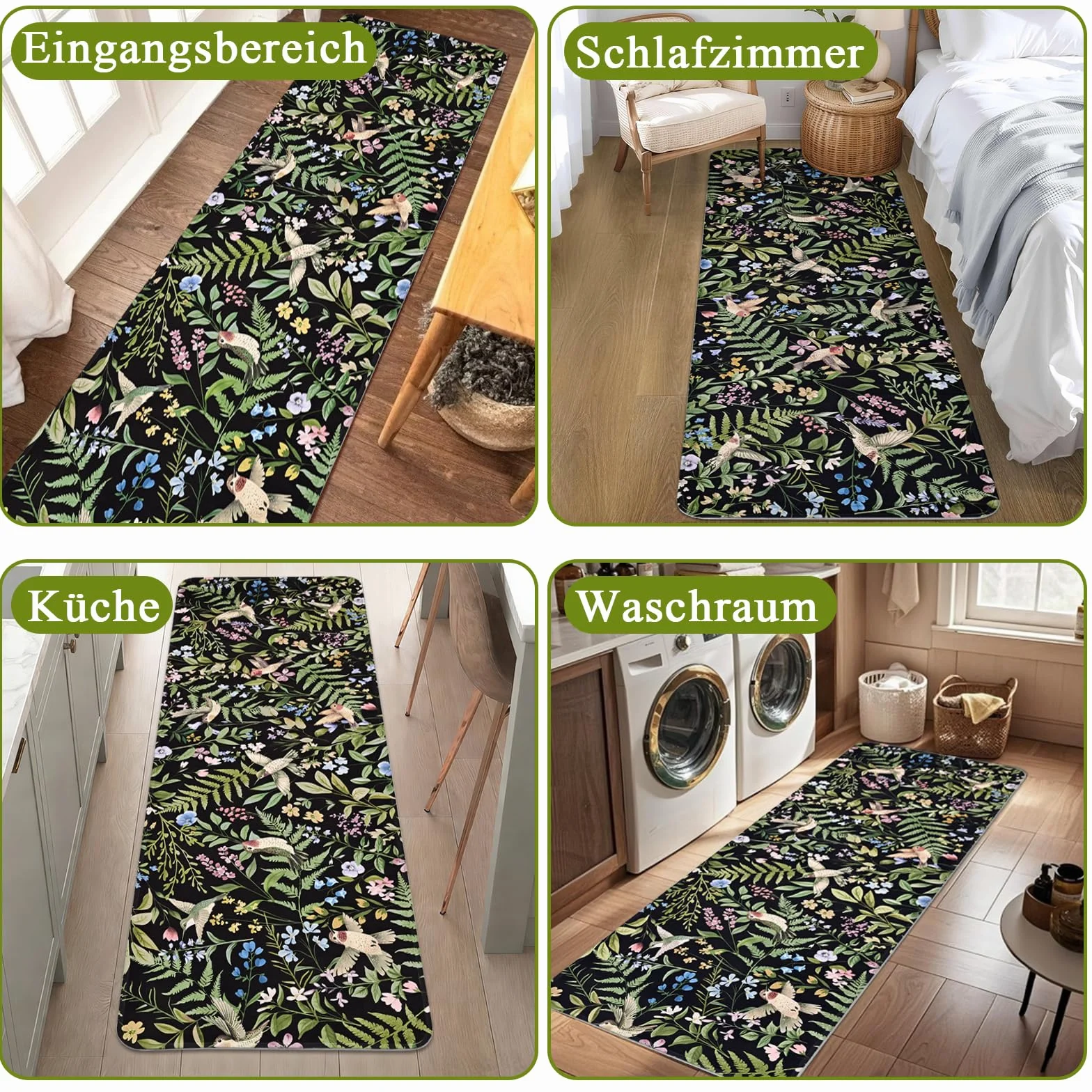 Alishomtll Dywanik kuchenny 60 x 180 cm antypoślizgowy czarny wzór kolibrów i kwiatów