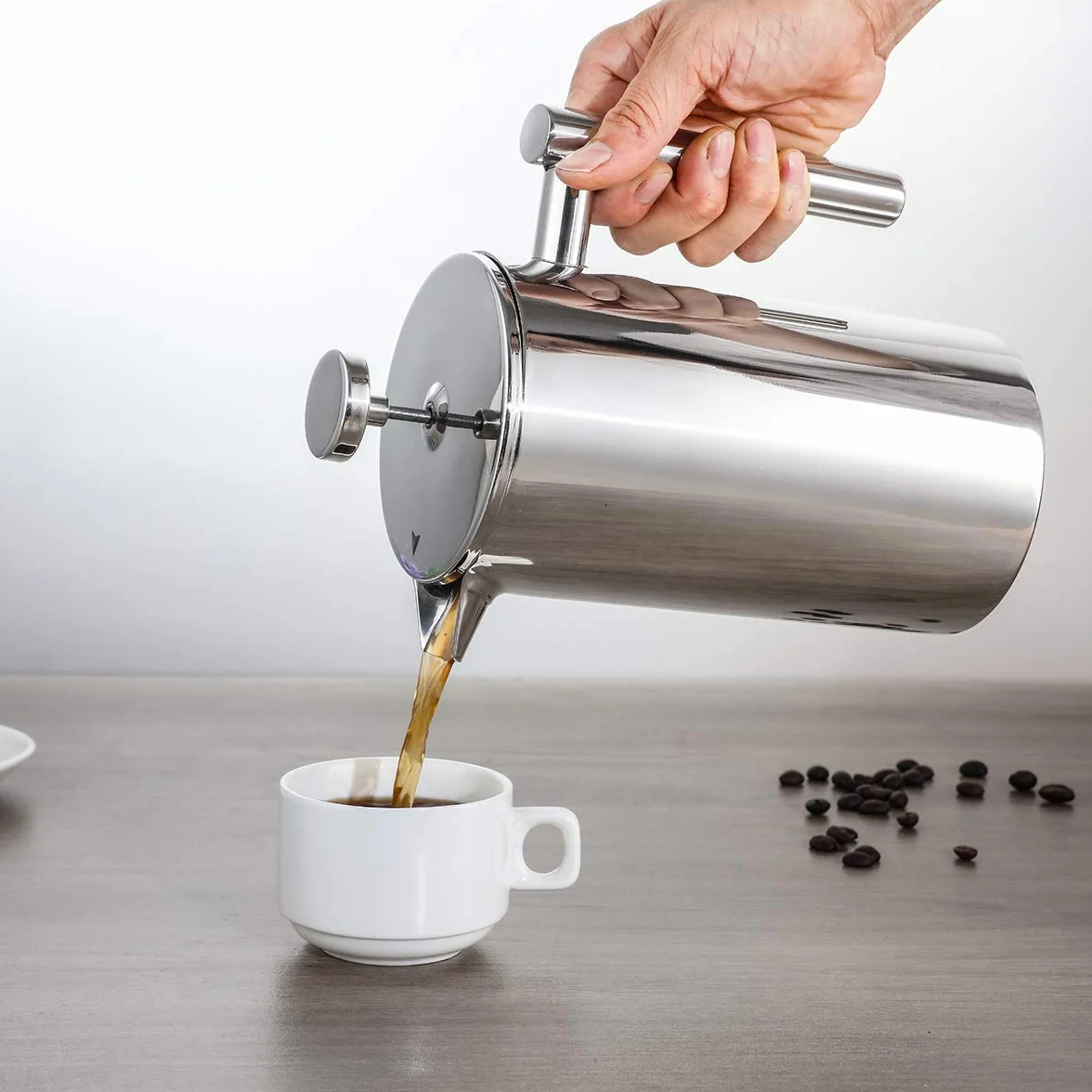 Zaparzacz do kawy French Press 1,5 litra zaparzacz do kawy ze stali nierdzewnej, podwójne ścianki, izolowany, French Press Caffettiera, dzbanek do kawy z 2 dodatkowymi sitkami, srebrny 1500