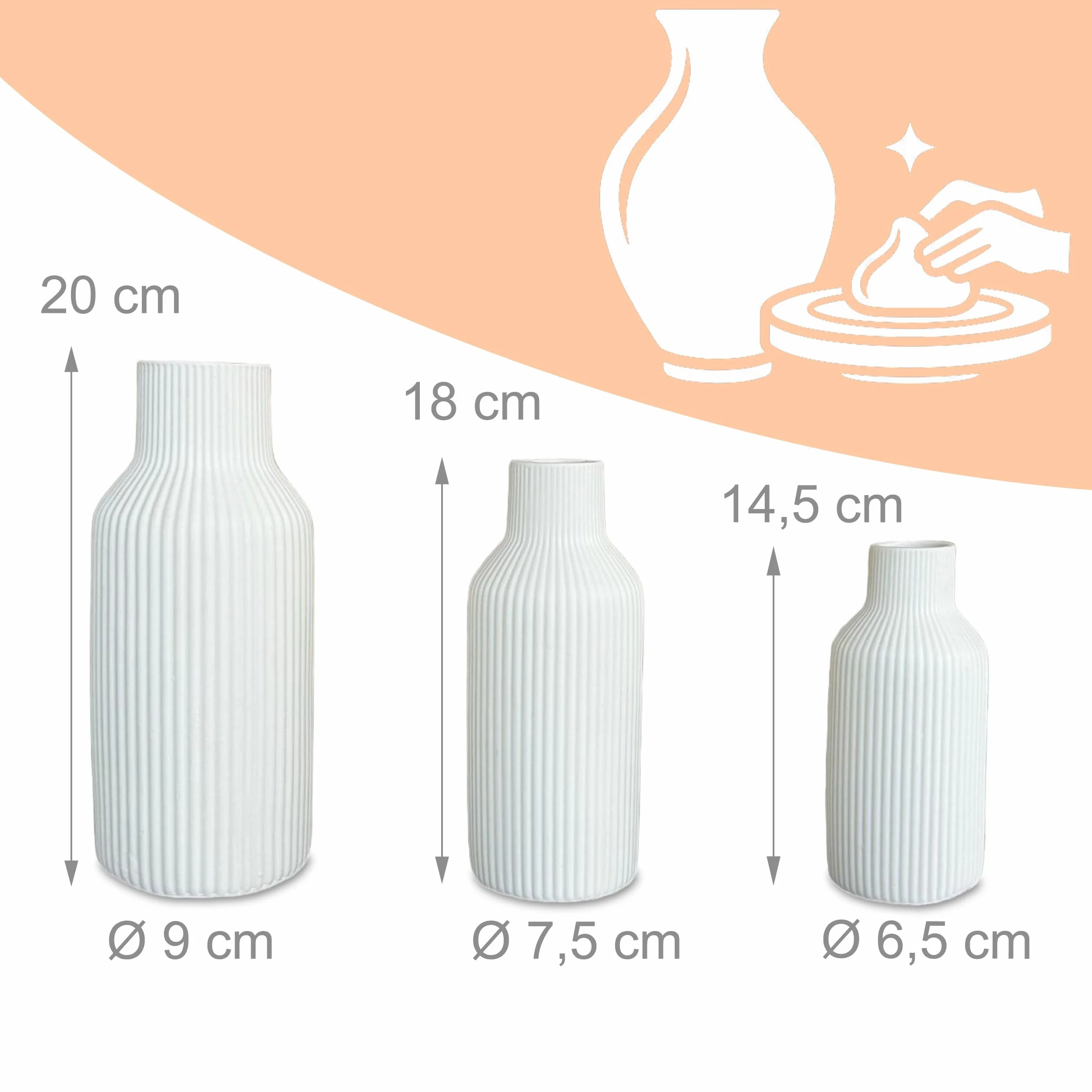 Relaxdays Zestaw 3 wazonów, wazony na kwiaty, 3 rozmiary, świeże i suszone kwiaty, dekoracja ceramiczna, dekoracja stołu, biały