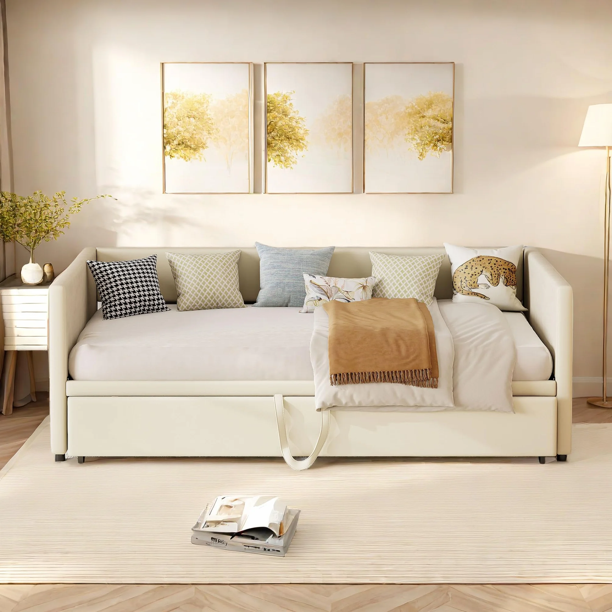 DULRLLY Aksamitna rozkładana sofa z łóżkami wysuwanymi, rozkładana sofa 2-osobowa, 90, 180 x 200 cm, ze stelażem listwowym, do salonu, mieszkania, beżowa
