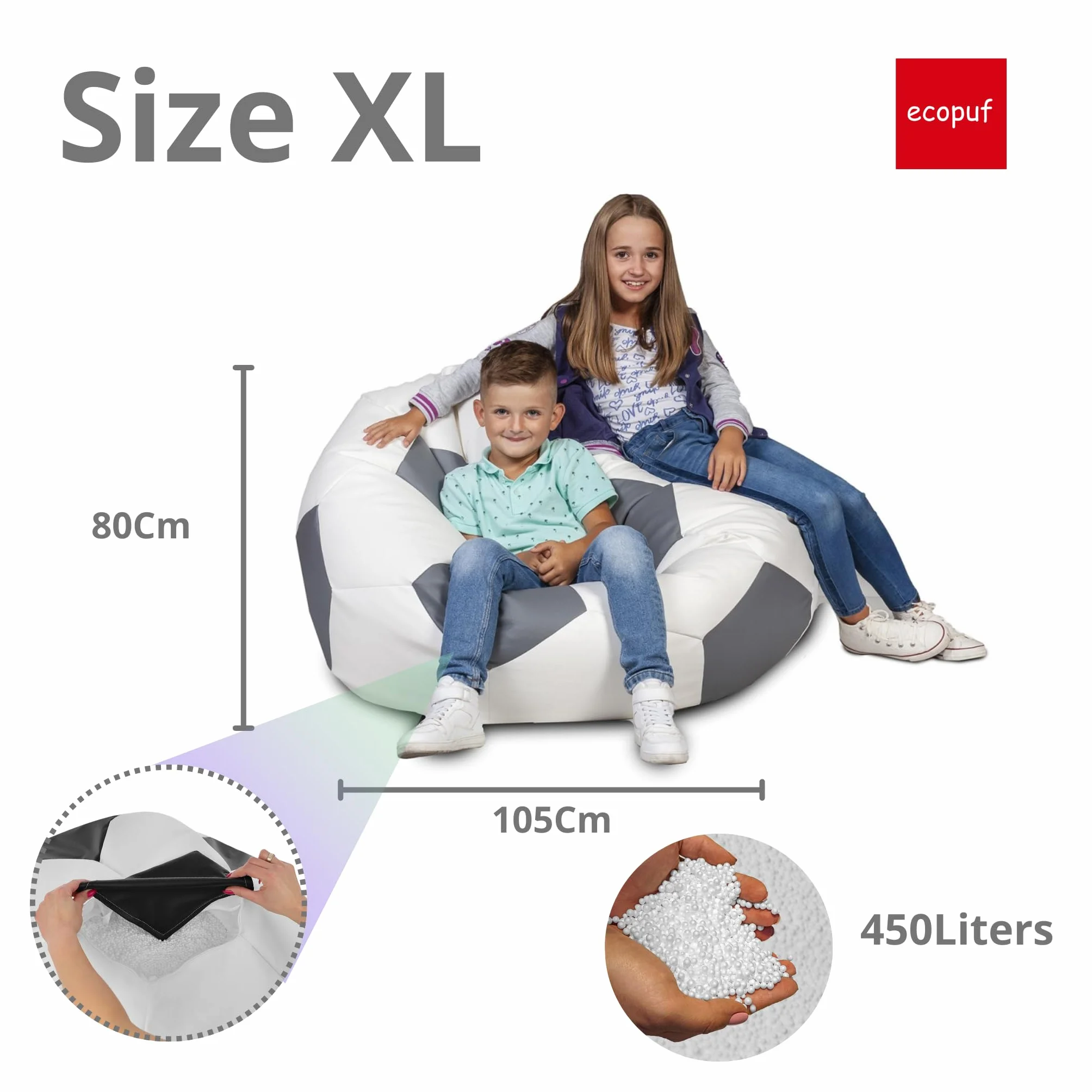 Ecopuf Worek Piłkarski XL - Poduszka Pufa do zabawy wykonana ze sztucznej skóry - Idealna dla fanów piłki nożnej, dzieci - Beanbag do salonu - Aksamitna pufa - 105x80cm, Czarny E14