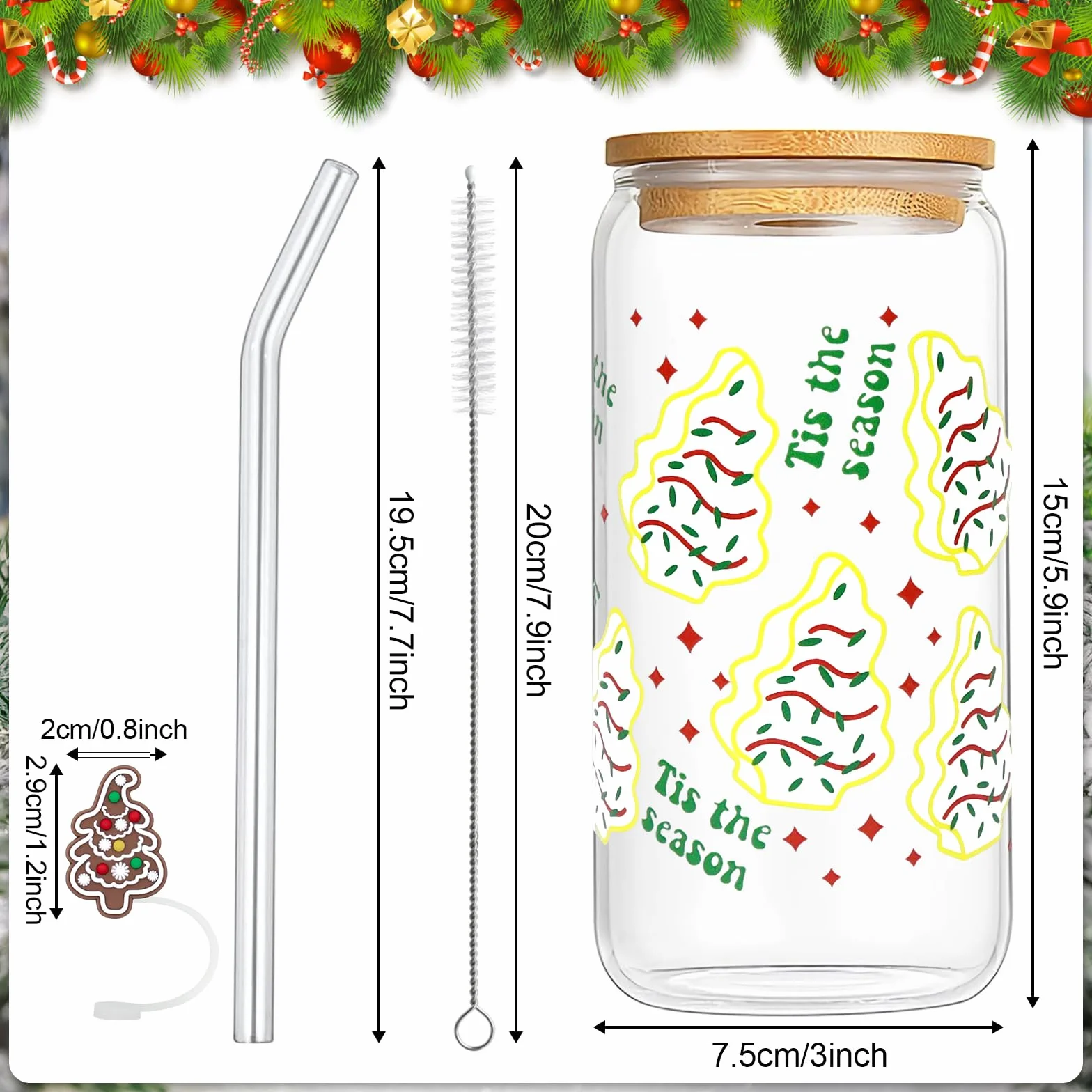 Kieliszki na Boże Narodzenie, 500 ml, szklane kubki z pokrywką i słomką, szklanki bożonarodzeniowe, szklanka na Boże Narodzenie, ze szklaną słomką, nadają się do kawy, napojów, soków