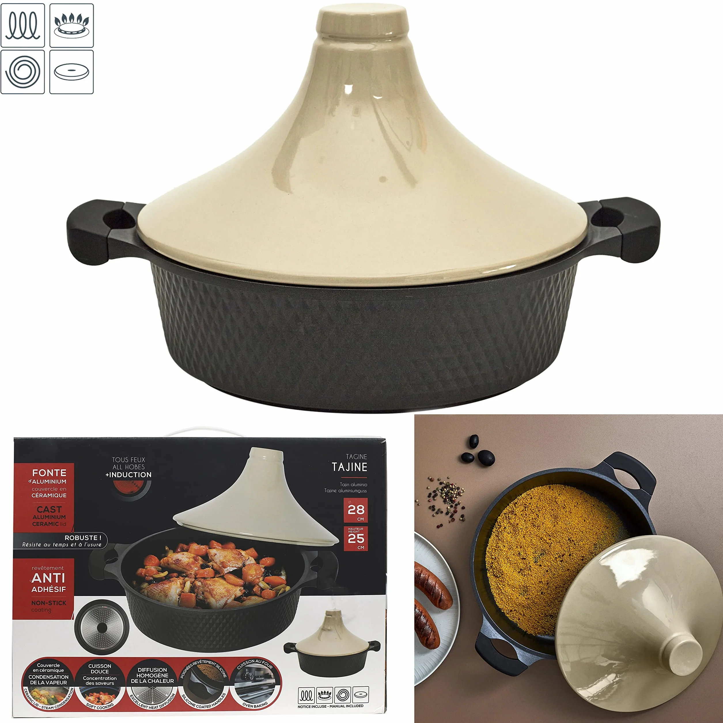 COOK CONCEPT - KC25801 - Tajine indukcyjny okrągły odlew aluminiowy Vitro-Ceramic - Powłoka nieprzywierająca czarny/beżowy