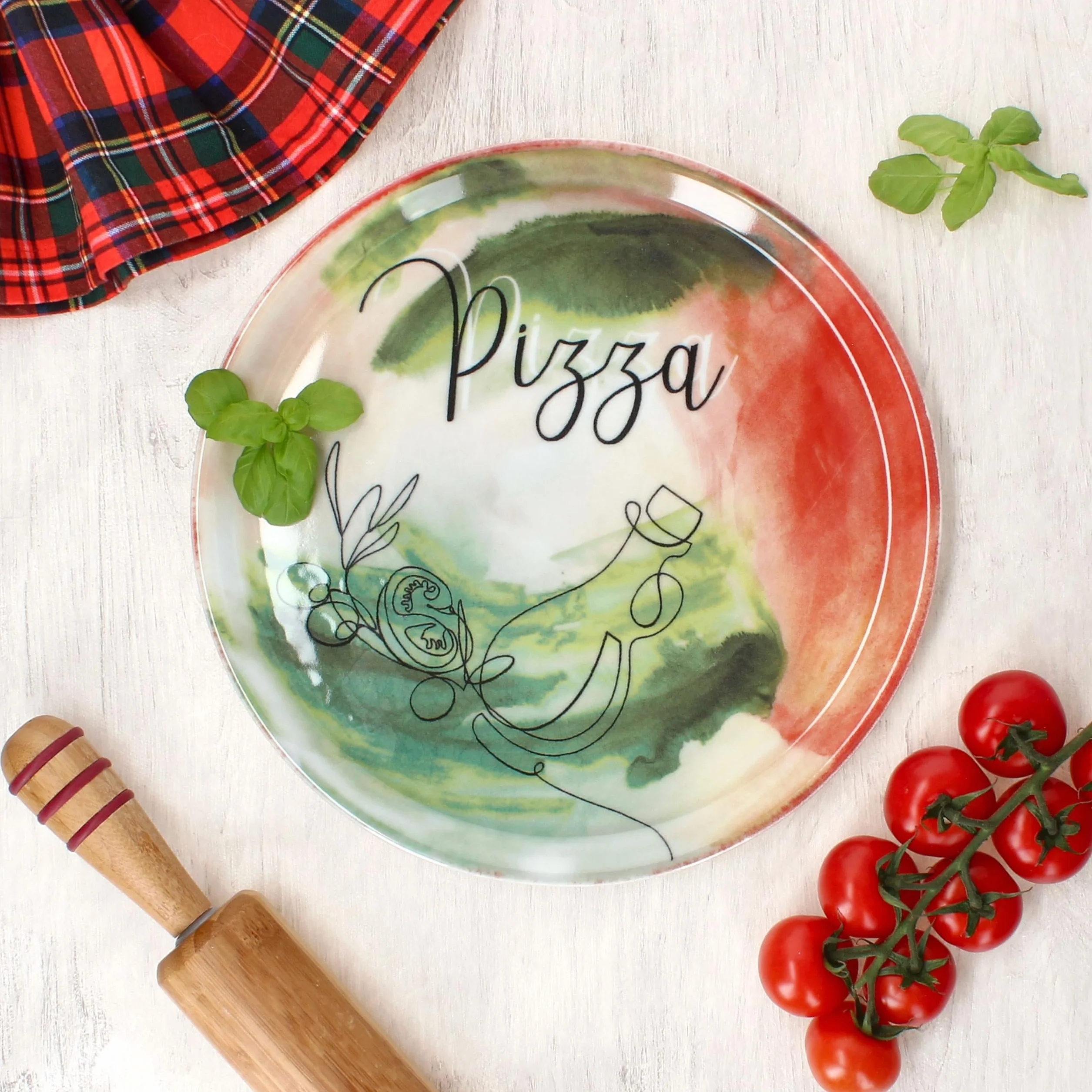 MamboCat Zestaw 2 talerzy do pizzy z warzywami i olejem, Ø 31 cm, dla 2 osób, duże talerze do pizzy z porcelany z dekoracją i napisem, do pizzy lub do przyrządzania I talerz obiadowy XL, półmisek do