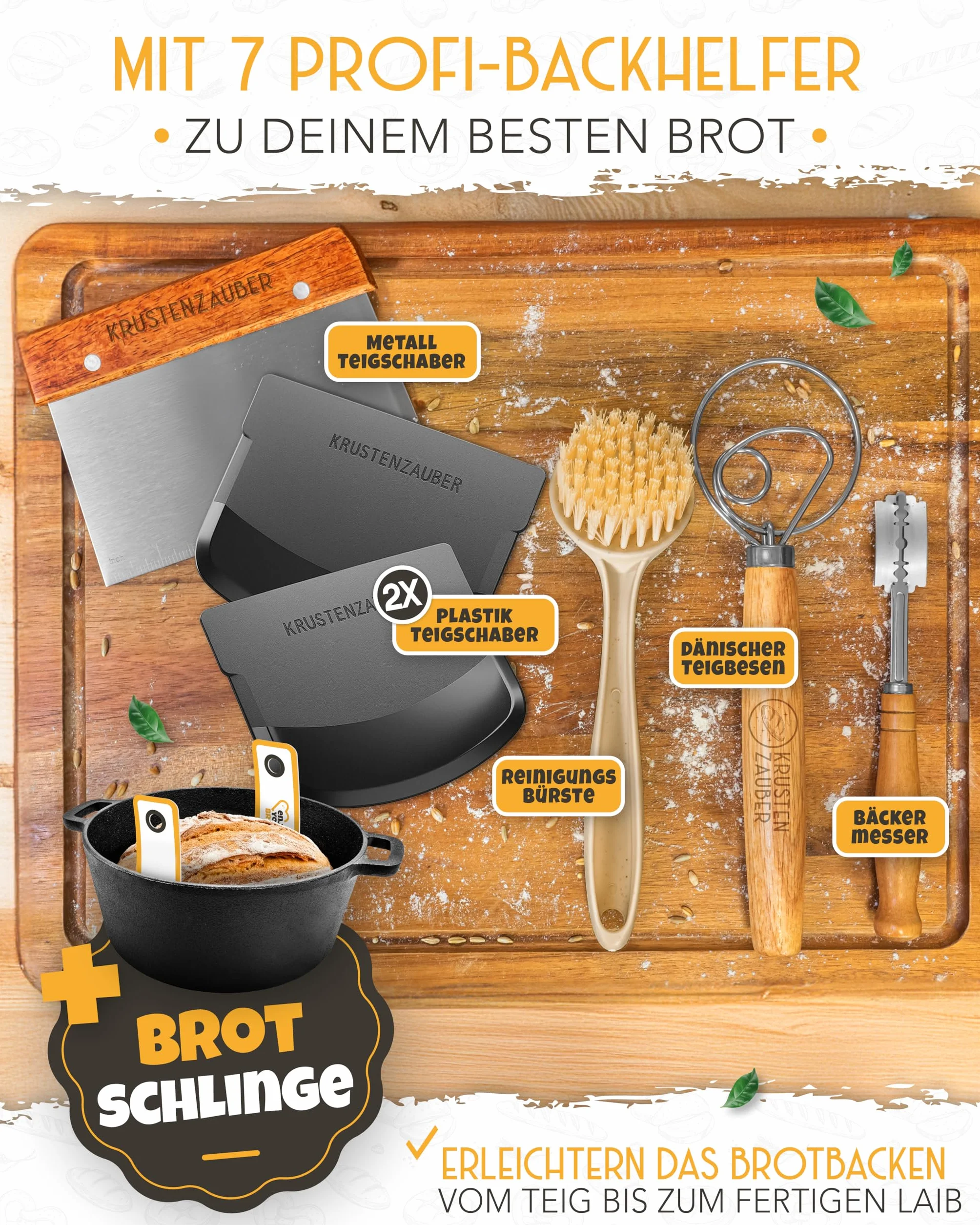 KRUSTENZAUBER Garnek żeliwny do pieczenia chleba w XXL zestawie - formy do pieczenia chleba z pokrywką w tym koszyk do garowania, trzepaczka, nóż piekarski, skrobak do ciasta, pętla do chleba i więcej