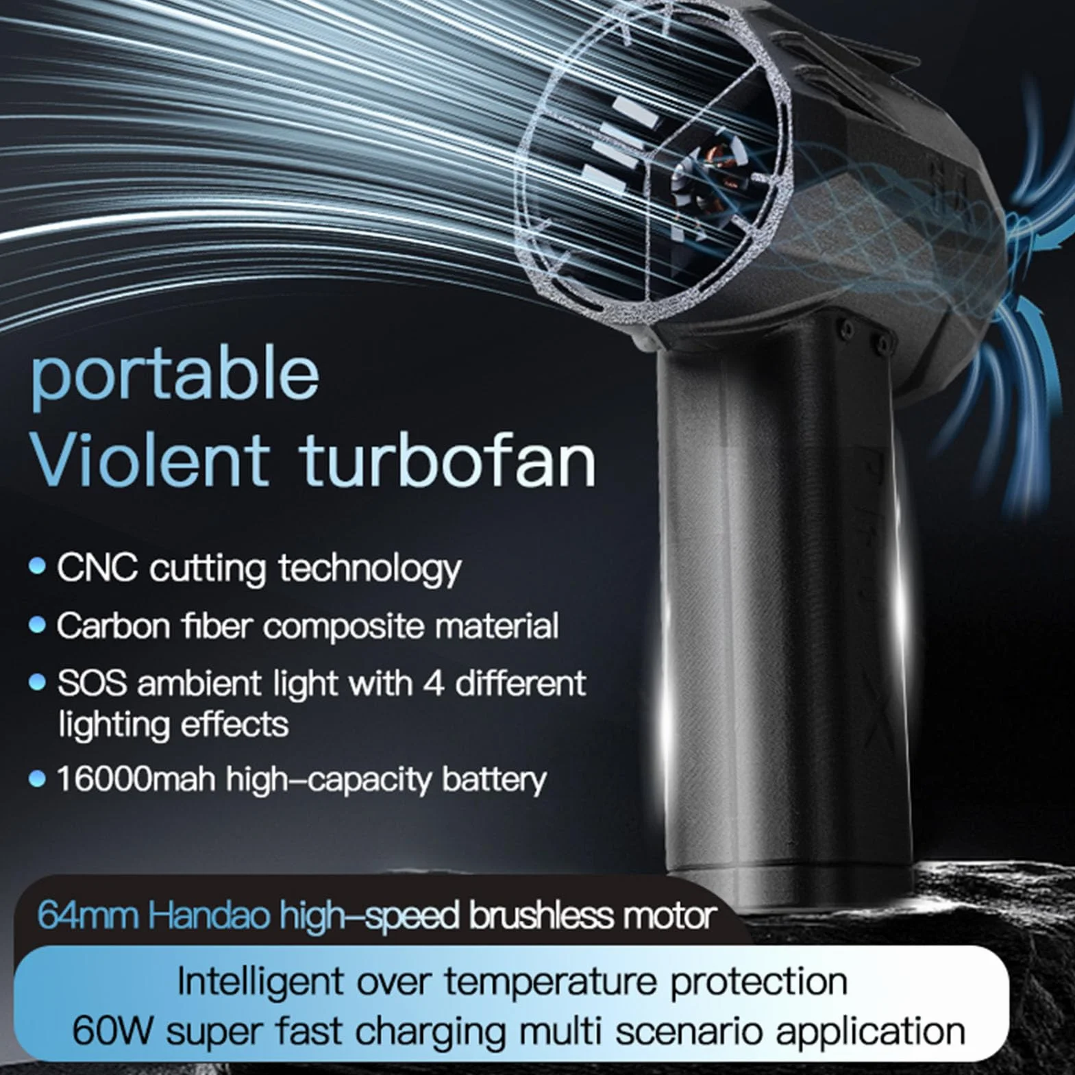 Dmuchawa Turbowentylatorowa Przenośny, Brutalny Wentylator Turbo 64 Mm Metalowa Funkcja Szybki Silnik Bezszczotkowy ze światłem Otoczenia SOS