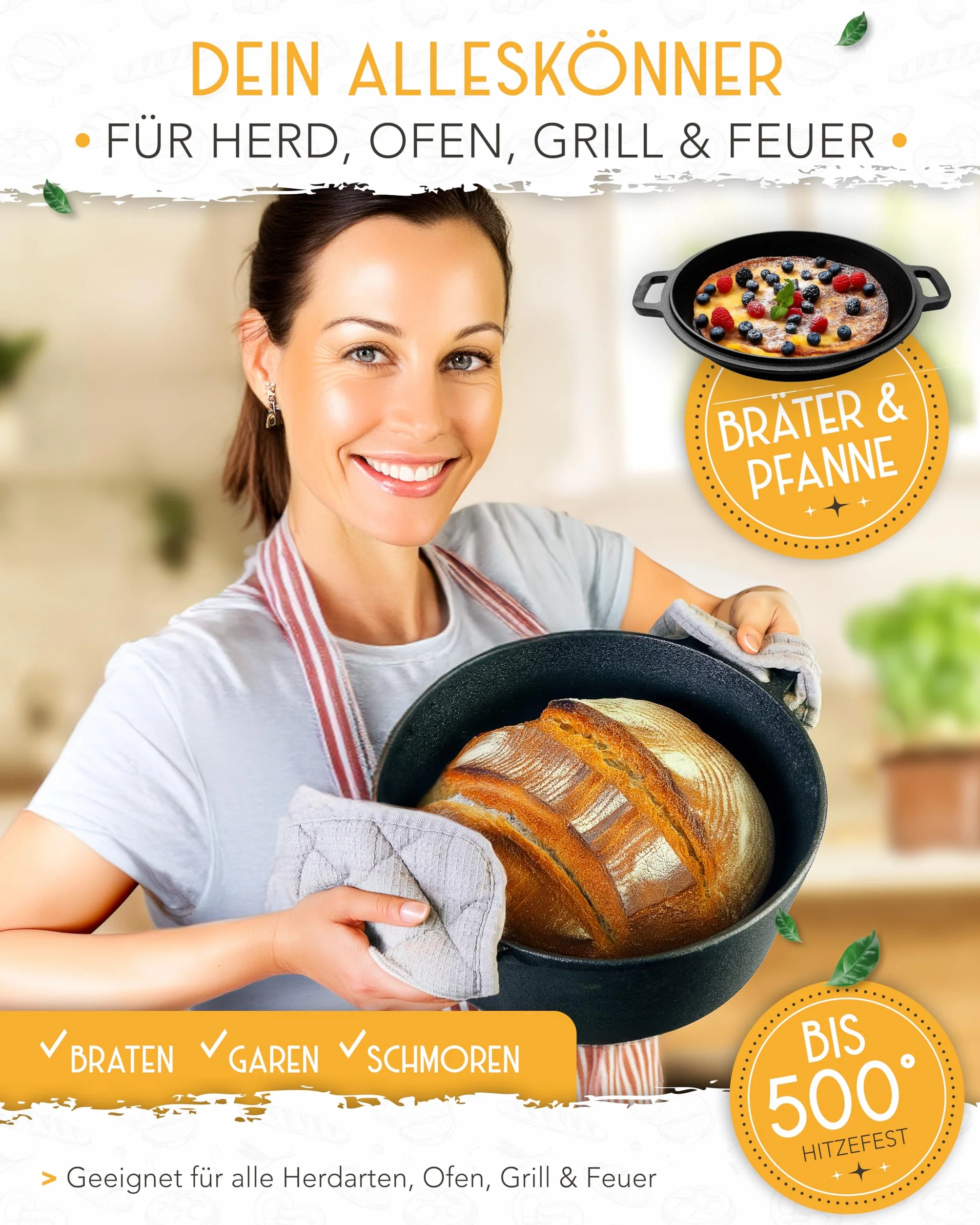 KRUSTENZAUBER Garnek żeliwny do pieczenia chleba w XXL zestawie - formy do pieczenia chleba z pokrywką w tym koszyk do garowania, trzepaczka, nóż piekarski, skrobak do ciasta, pętla do chleba i więcej